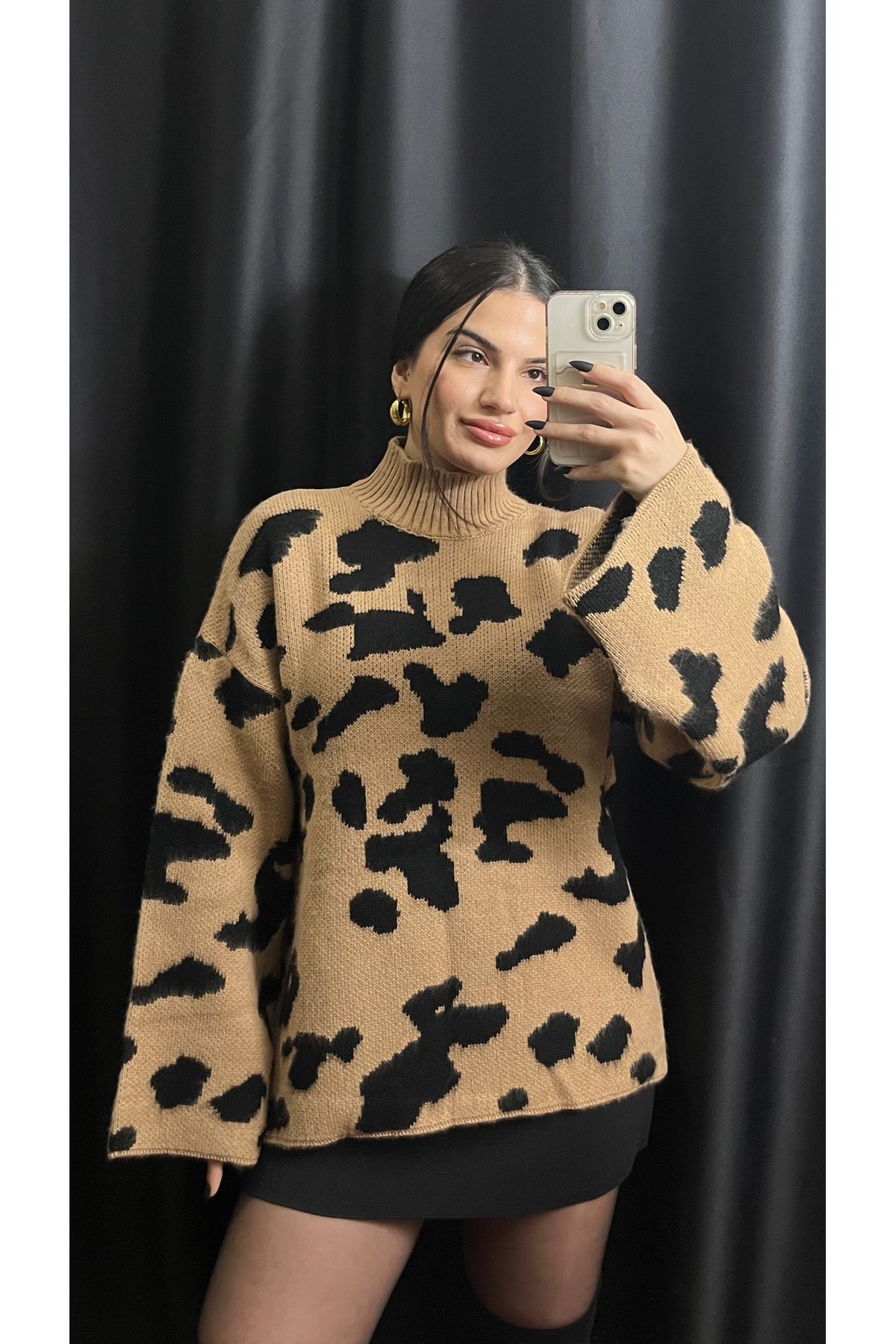 Butik KAHVE SİYAH LEOPAR DESEN KAZAK