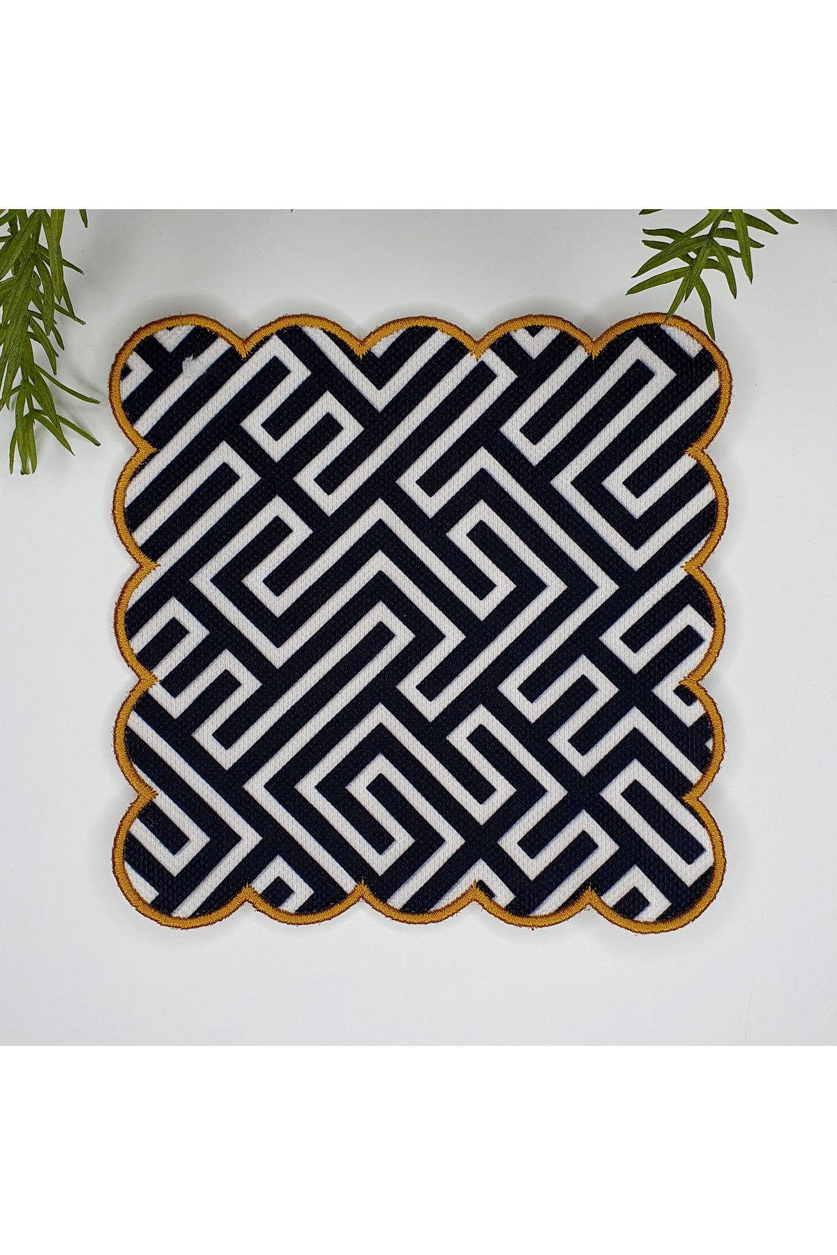 DECO-Digital Printed Fabric Cocktail Napkin with Geometric Line Pattern and Embroidery Around 1 Piece 1