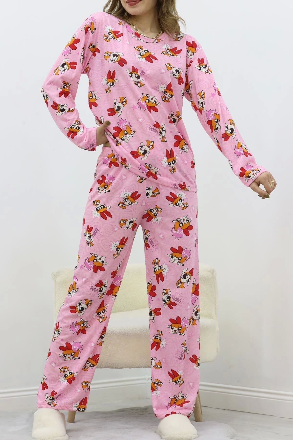 Butik Desenli Poliviskon Pijama Takımı Açıkpembe - 818.1287.