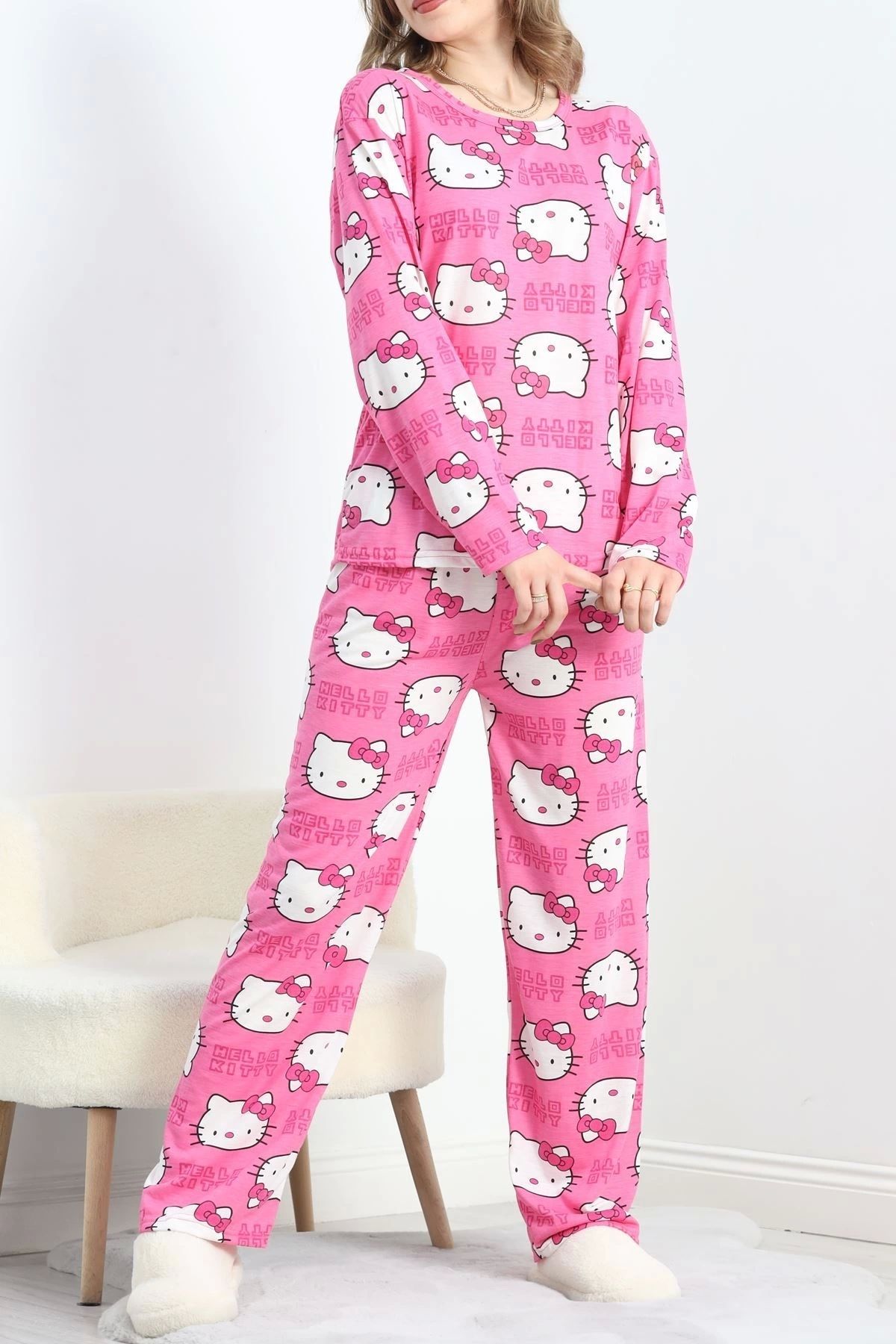 Butik Desenli Poliviskon Pijama Takımı Pembe - 818.1287.