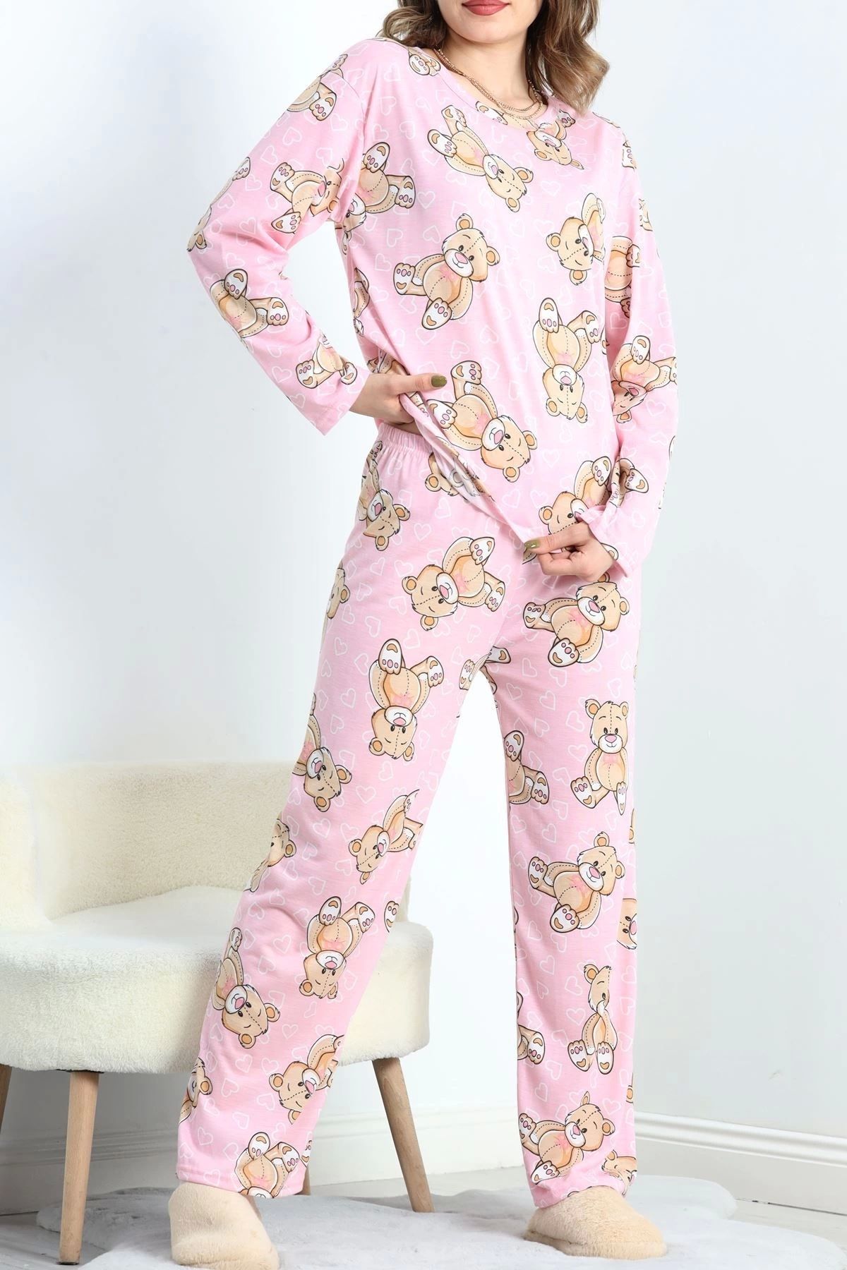 Butik Desenli Poliviskon Pijama Takımı Pembeayı - 818.1287.