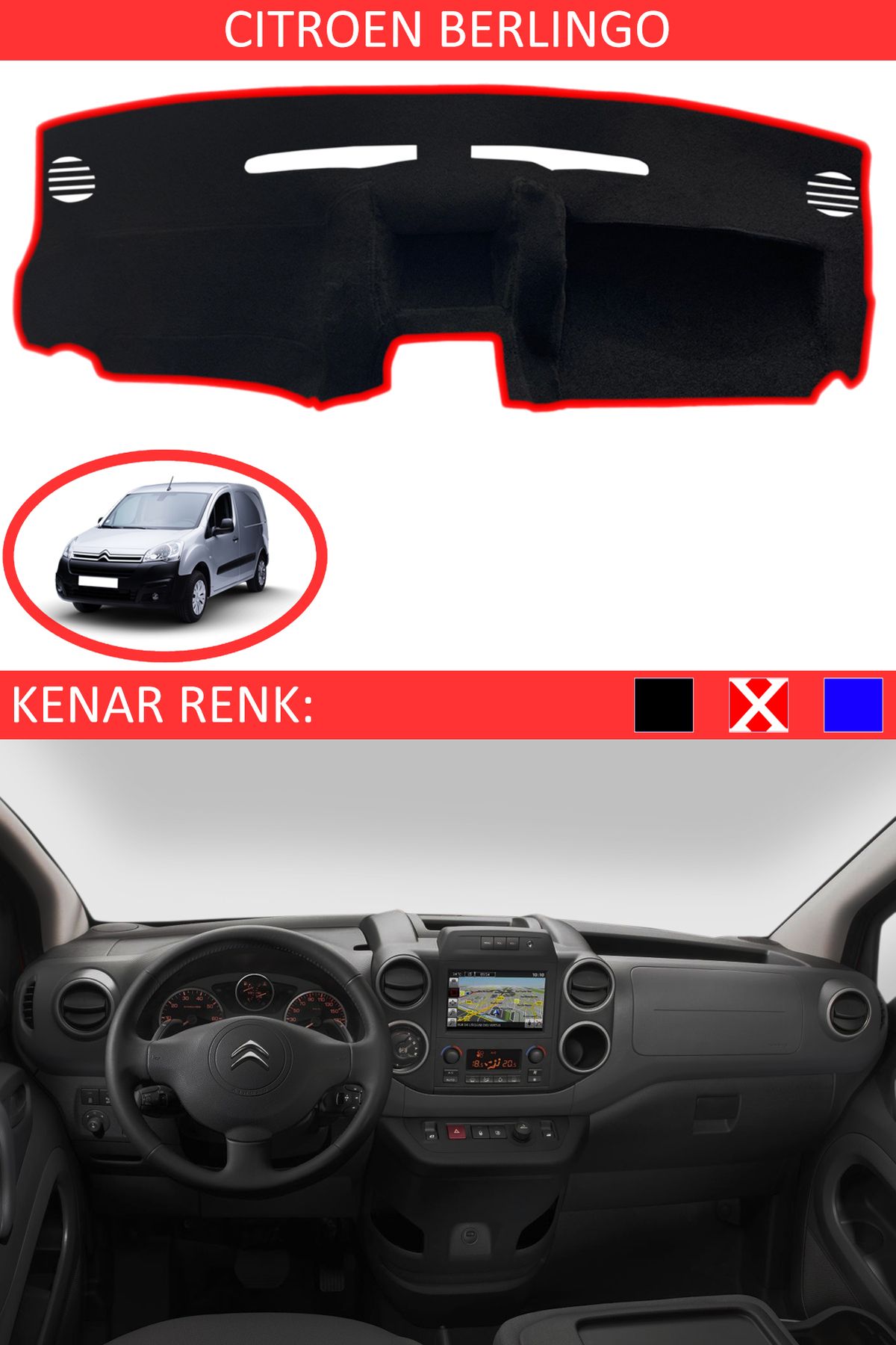 Auralight Citroen Berlingo İçin Uygun Torpido Koruma Halısı Siyah Kenar Renk Kırmızı