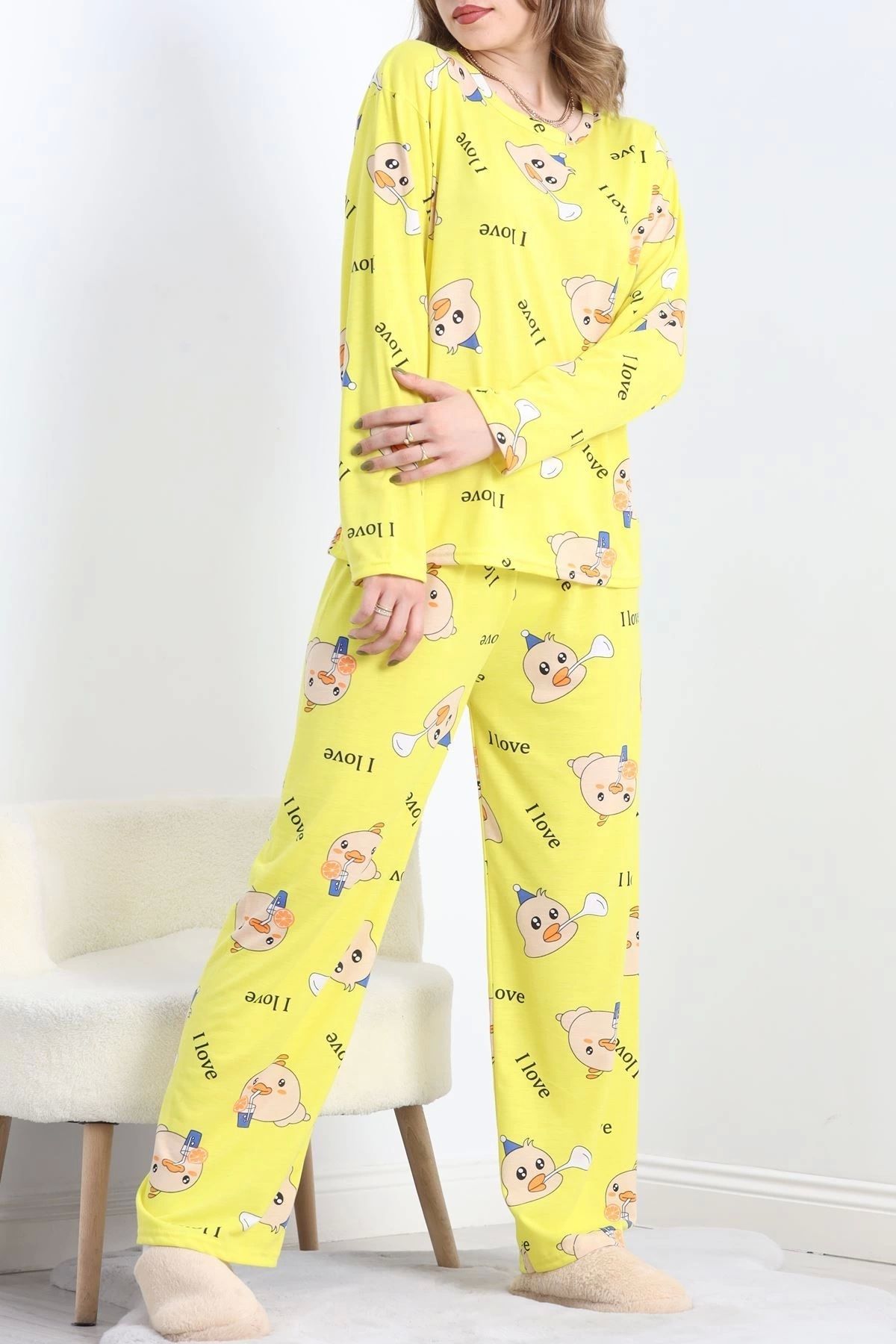 Butik Desenli Poliviskon Pijama Takımı Sarı - 818.1287.