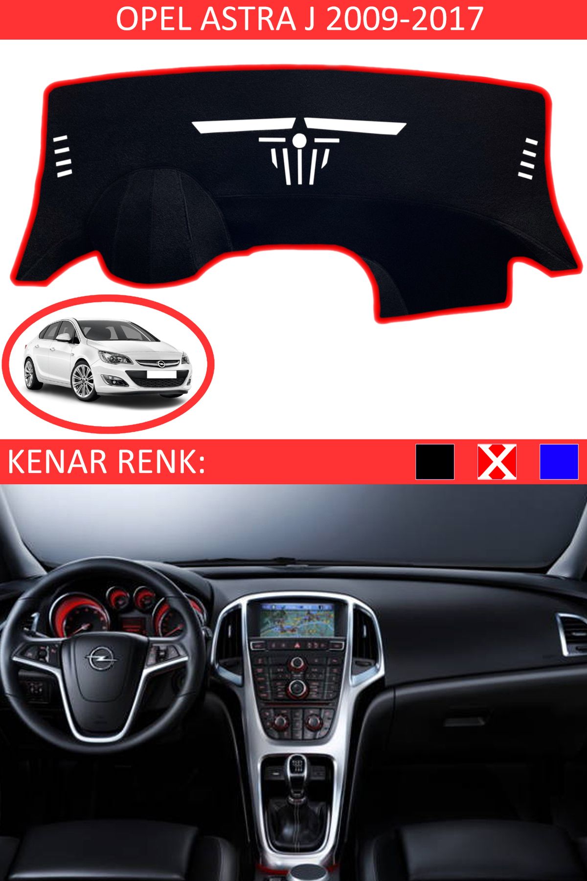 Auralight Opel Astra J 2009-2017 İçin Uygun Torpido Koruma Halısı Siyah Kenar Renk Kırmızı