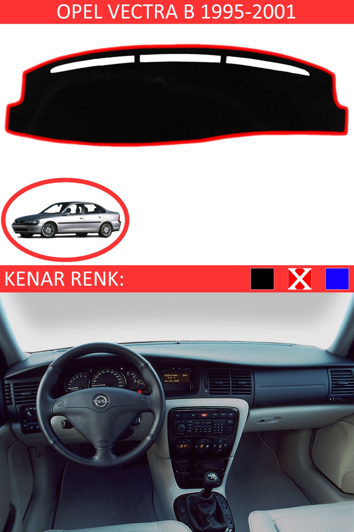 Auralight Opel Vectra B 1995-2001 İçin Uygun Torpido Koruma Halısı Siyah Kenar Renk Kırmızı