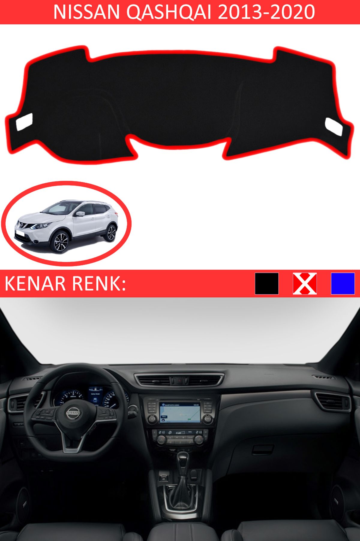 Auralight Nissan Qashqai 2013-2020 İçin Uygun Torpido Koruma Halısı Siyah Kenar Renk Kırmızı