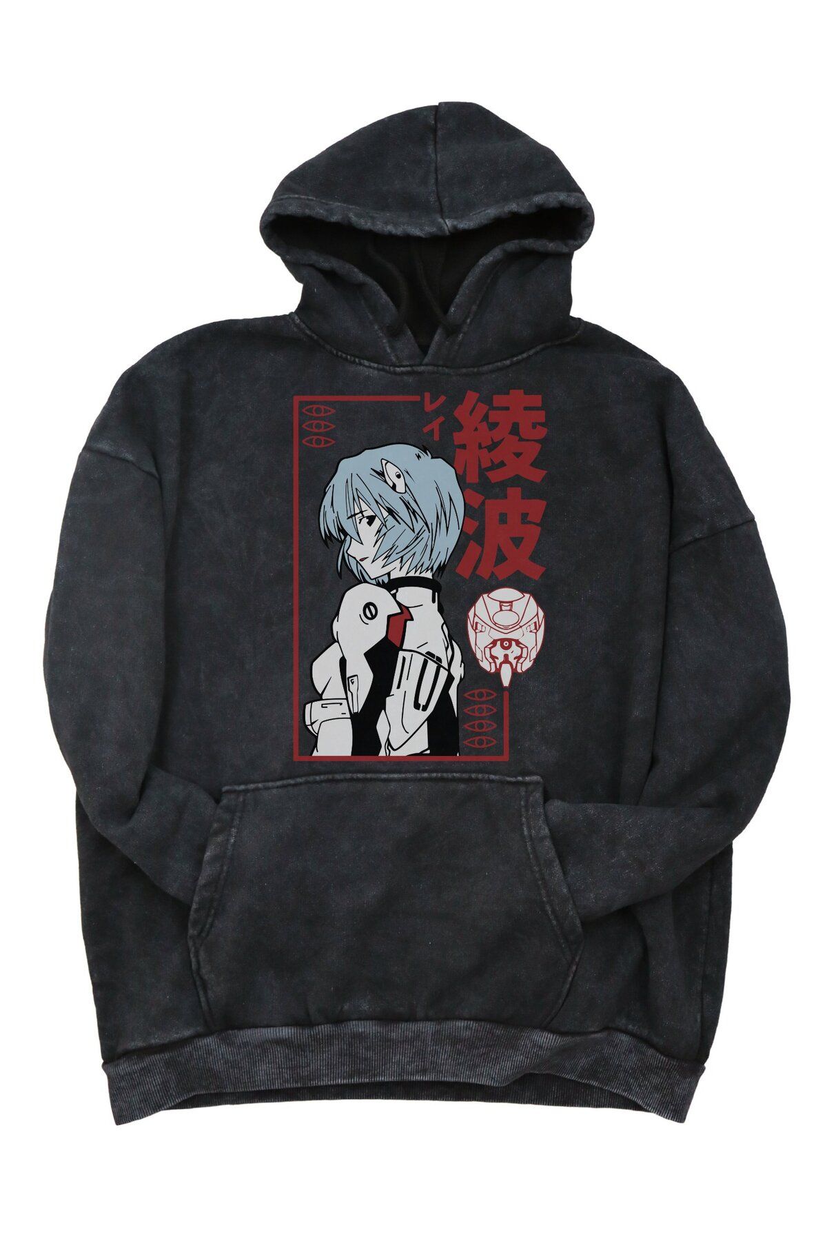 Fuddy Moda Oversize Rei Ayanami Baskılı Kapüşonlu Yıkamalı Sweatshirt, Unisex Genesis Evangelion Anime Hoodie