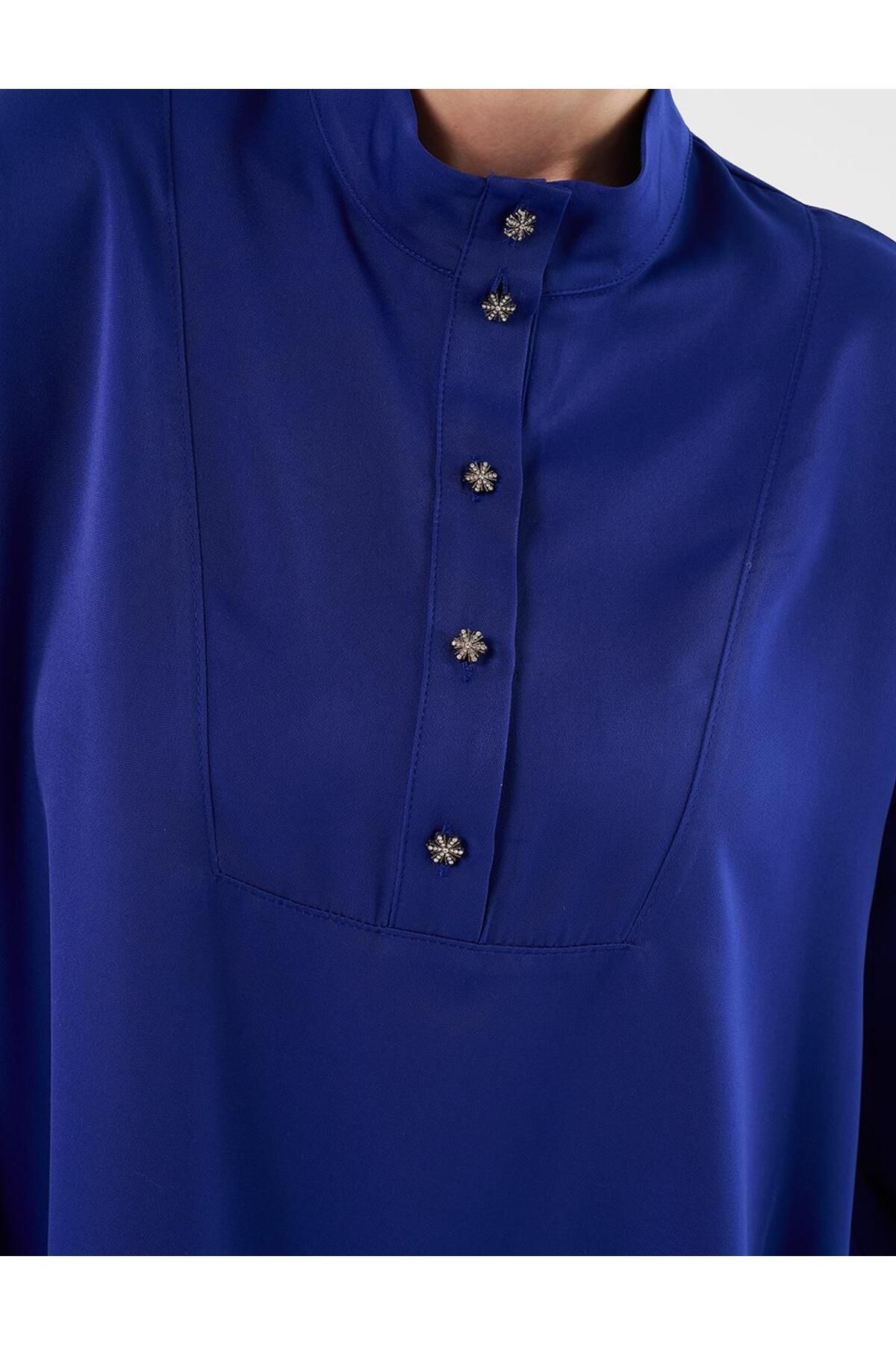 Kayra-Saks Color Shiny Buttoned Stand Collar Tunic 7