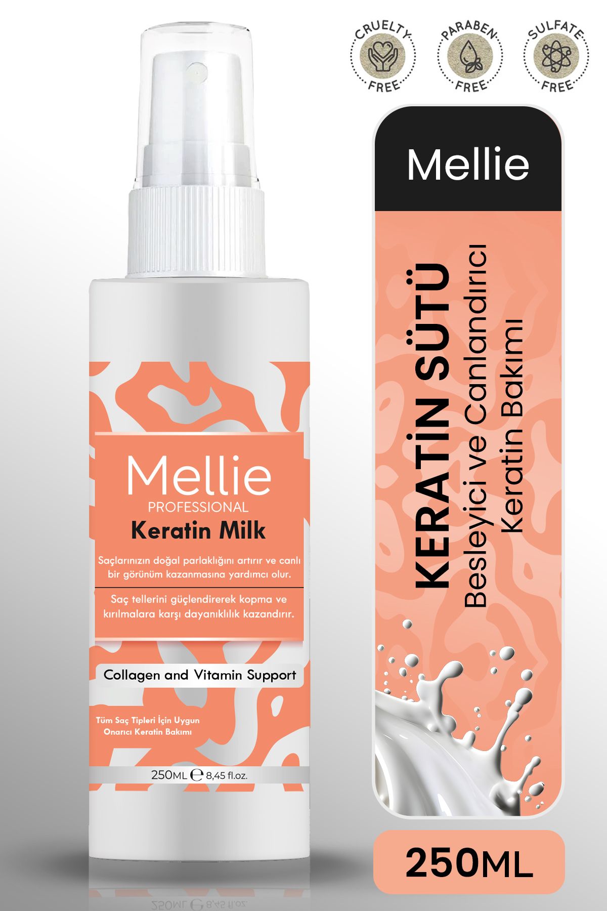 mellie Keratin Saç Bakım Sütü, Biotin ve Collagen İçeren Besleyici ve Onarıcı, Durulama Gerektirmez 250ML