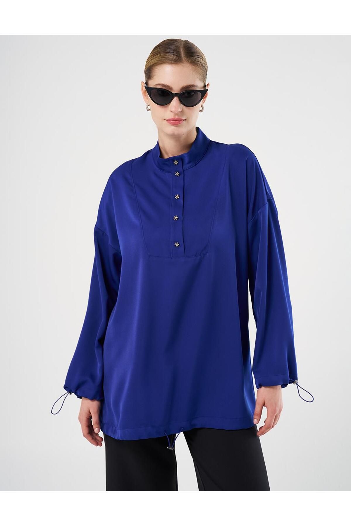 Kayra-Saks Color Shiny Buttoned Stand Collar Tunic 6