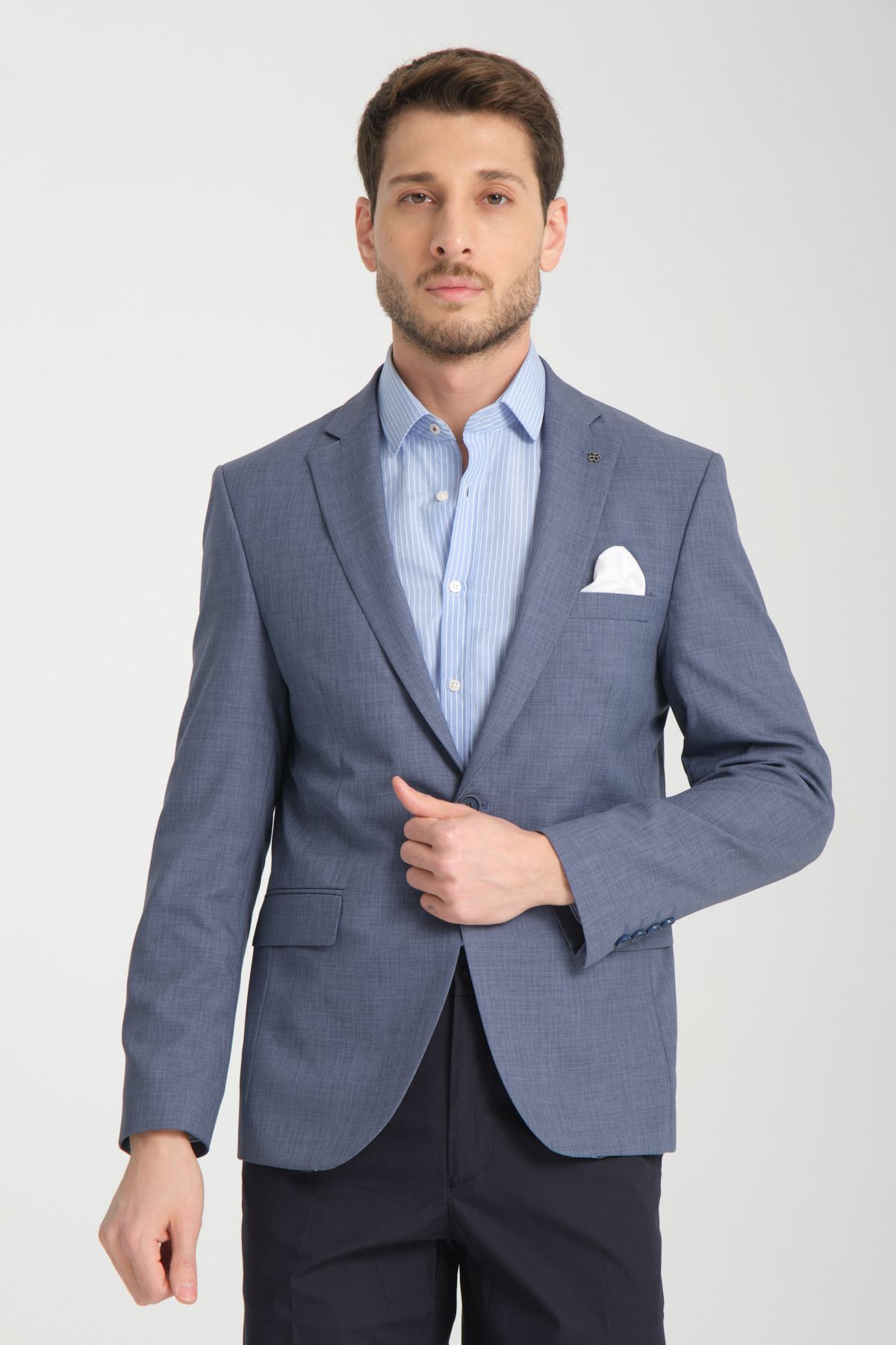 Frappoli Pieros Erkek İndigo Pamuk Karışımlı Slim Fit Dar Kesim Dört Mevsim Blazer Ceket