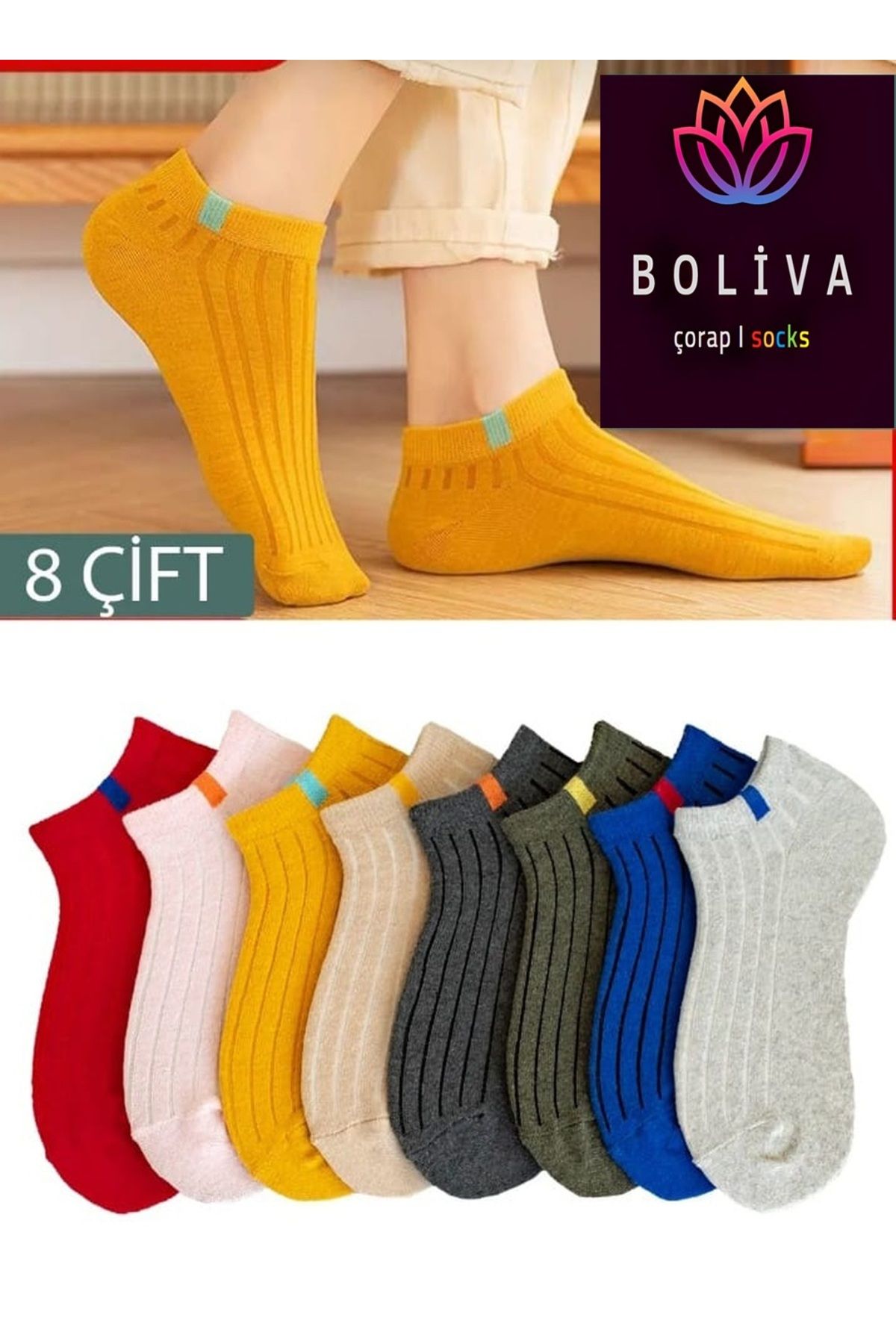 Boliva Çorap Socks Renkli Kısa Etiketli Çorap 8 Çift