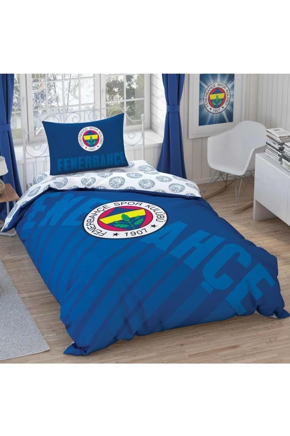 Taç Taç Taraftar Lisanslı Ranforce Çarşafı Lastikli Tek Kişilik Nevresim Takımı-Fenerbahçe Lacivert Logo