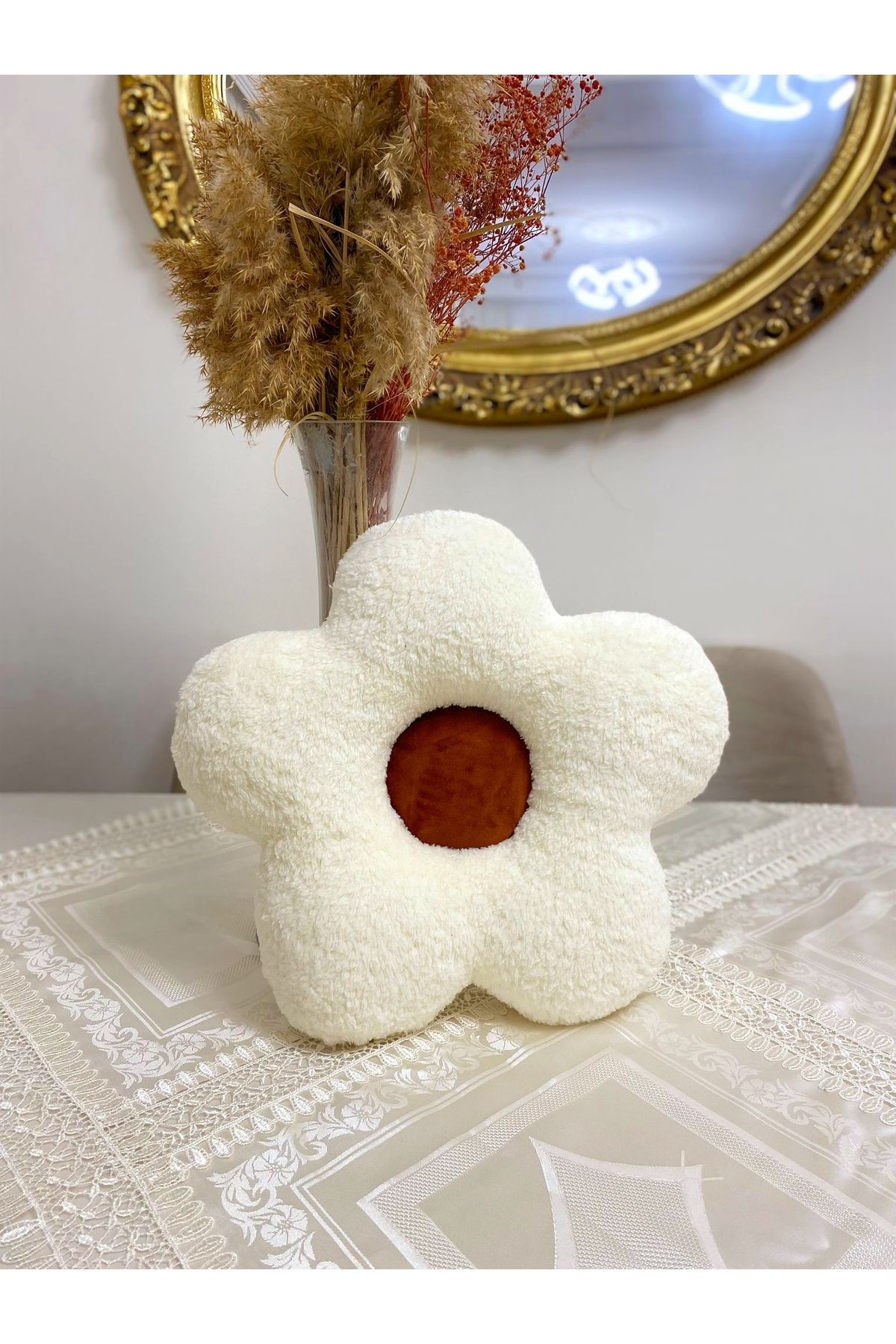 yupobebek Papatya yastık teddy bohem kırlent tarçın flower dekor yastık dekoratif kırlent