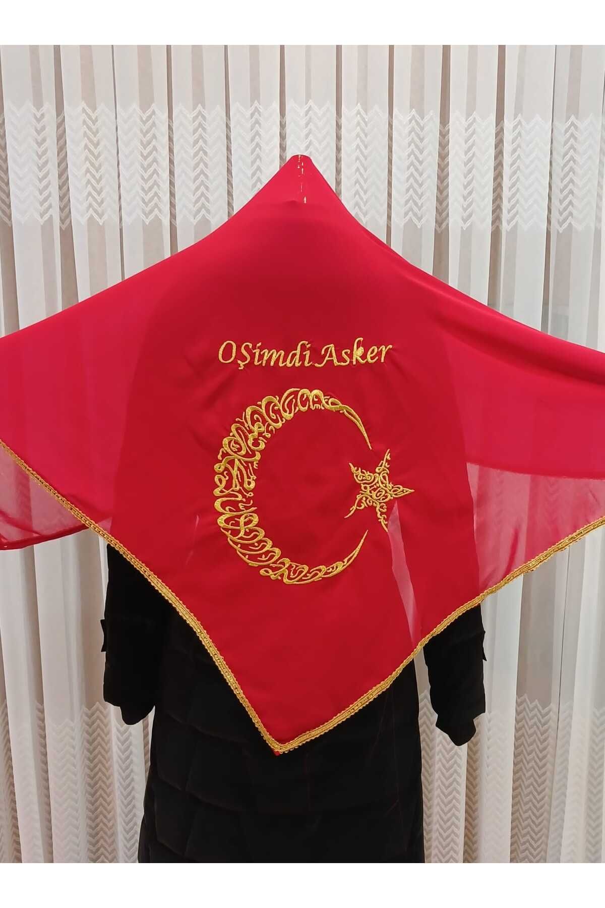 GÜRLEK TEKSTİL Kırmızı O Şimdi Asker Şalı Örtüsü, Lüks Şifon Nakışlı  Gold Kına Omuz Örtüsü Duvağı