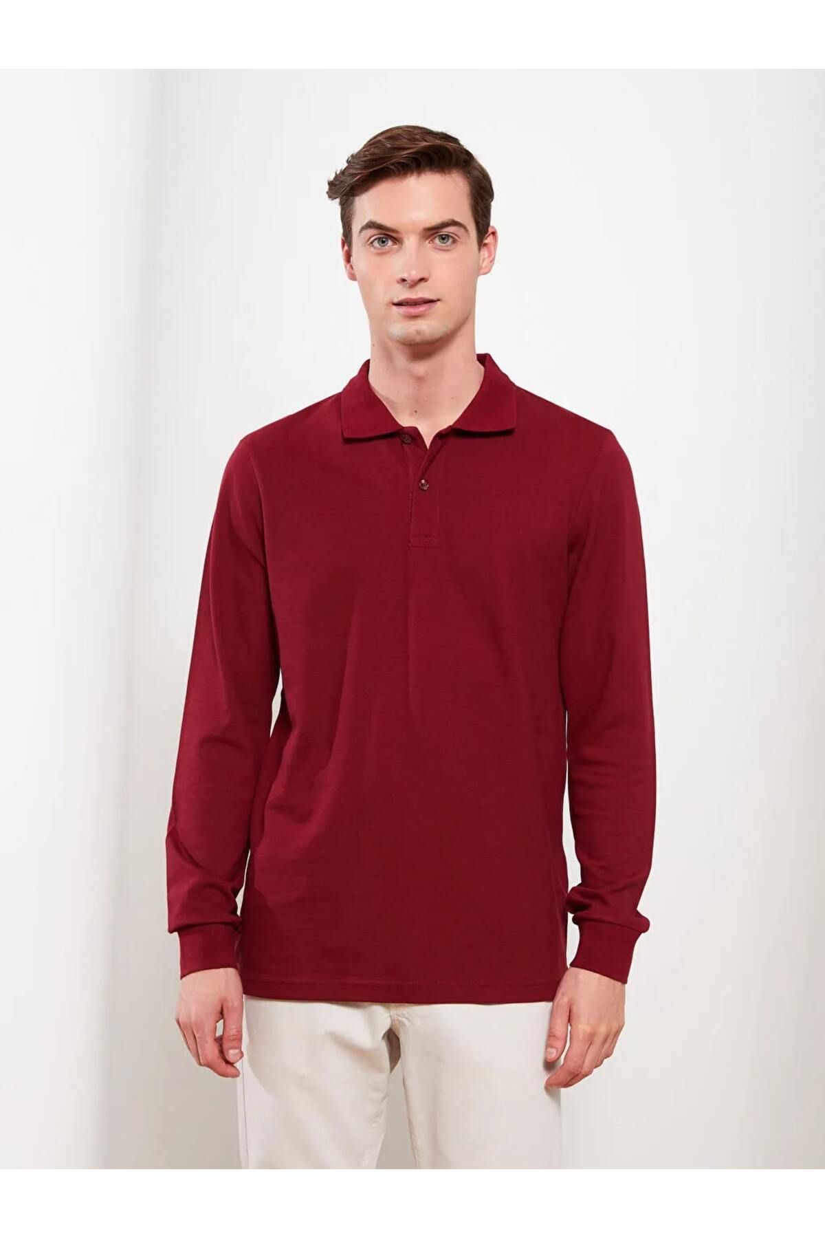 LC Waikiki LCWAIKIKI Basic Bordo Polo Yaka Uzun Kollu Pike Erkek Tişört