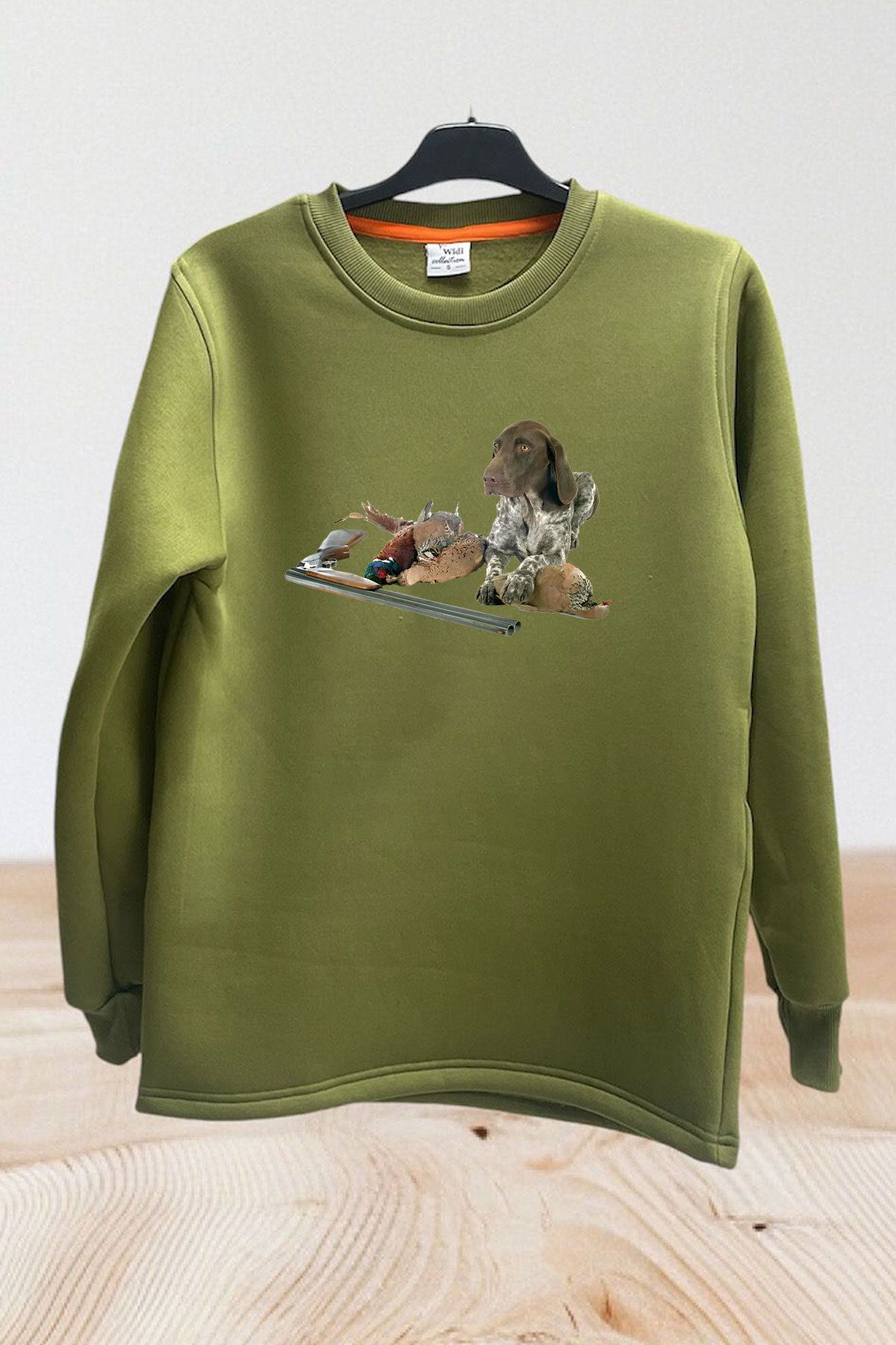 WİDİ Avcılık Hunter Kurzhaar Av Köpeği ve Keklik Baskılı Regular Fit %100 Pamuk Bisiklet Yaka Sweatshirt