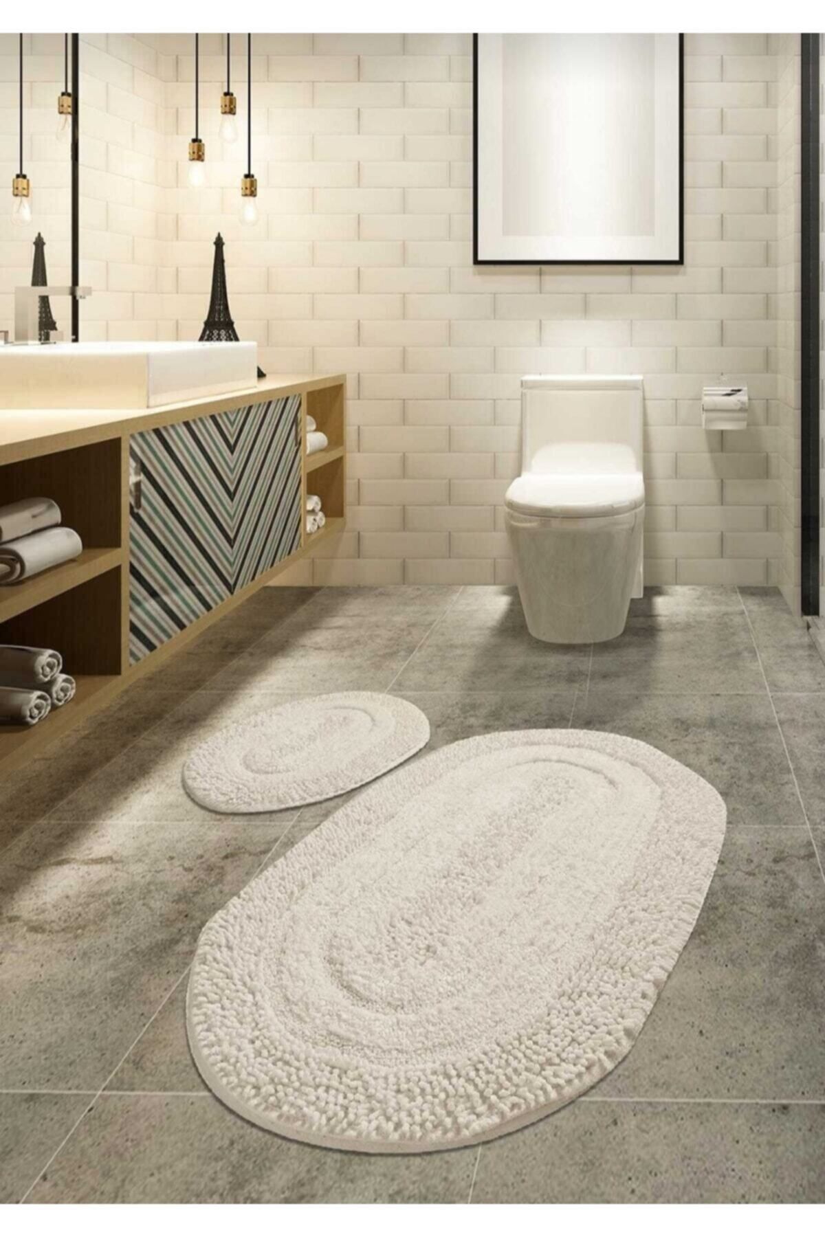 Iromica Home Macoroni Ekru 2'li Set Banyo Halısı, Paspası %100 Doğal Pamuklu Cotton