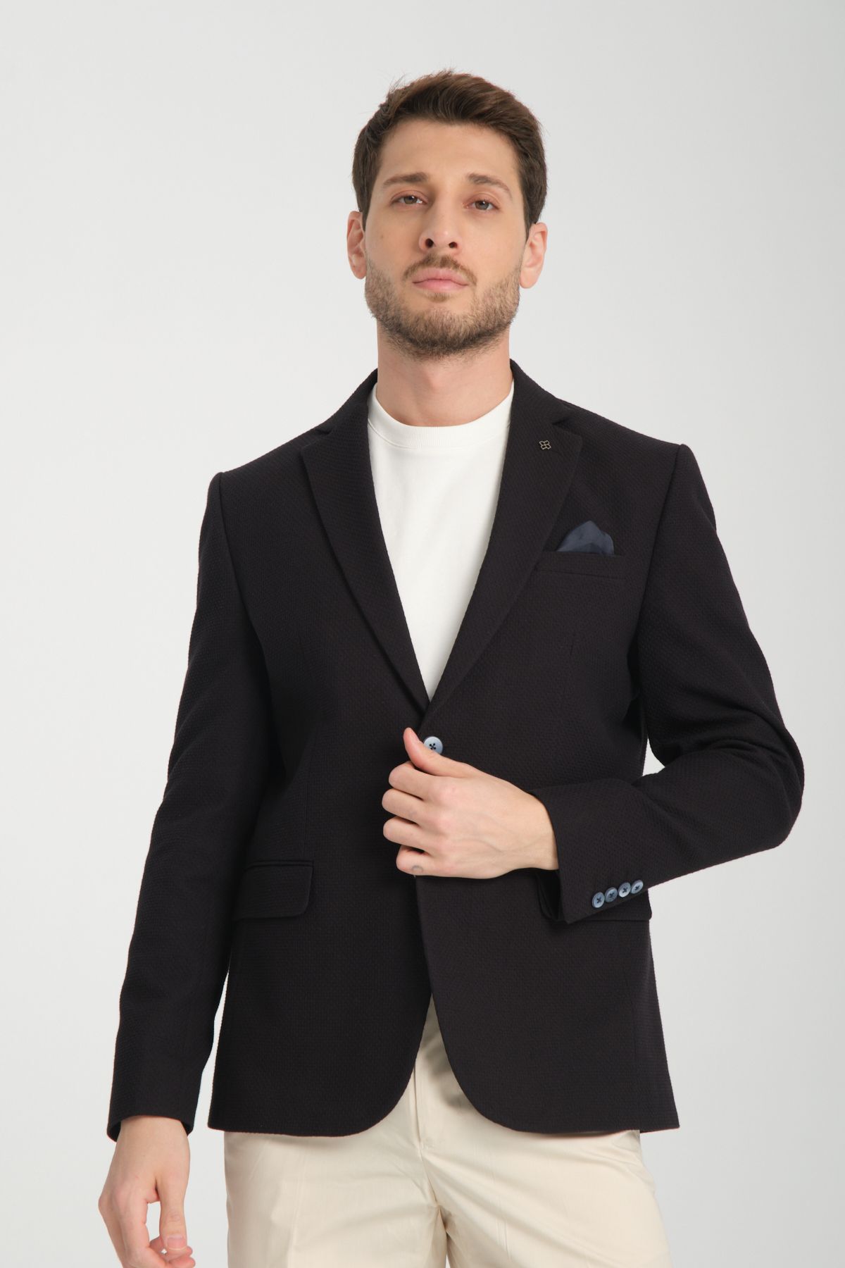 Frappoli Padure Erkek Koyu Lacivert Slim Fit Dar Kesim Desenli Mevsimlik Blazer Ceket