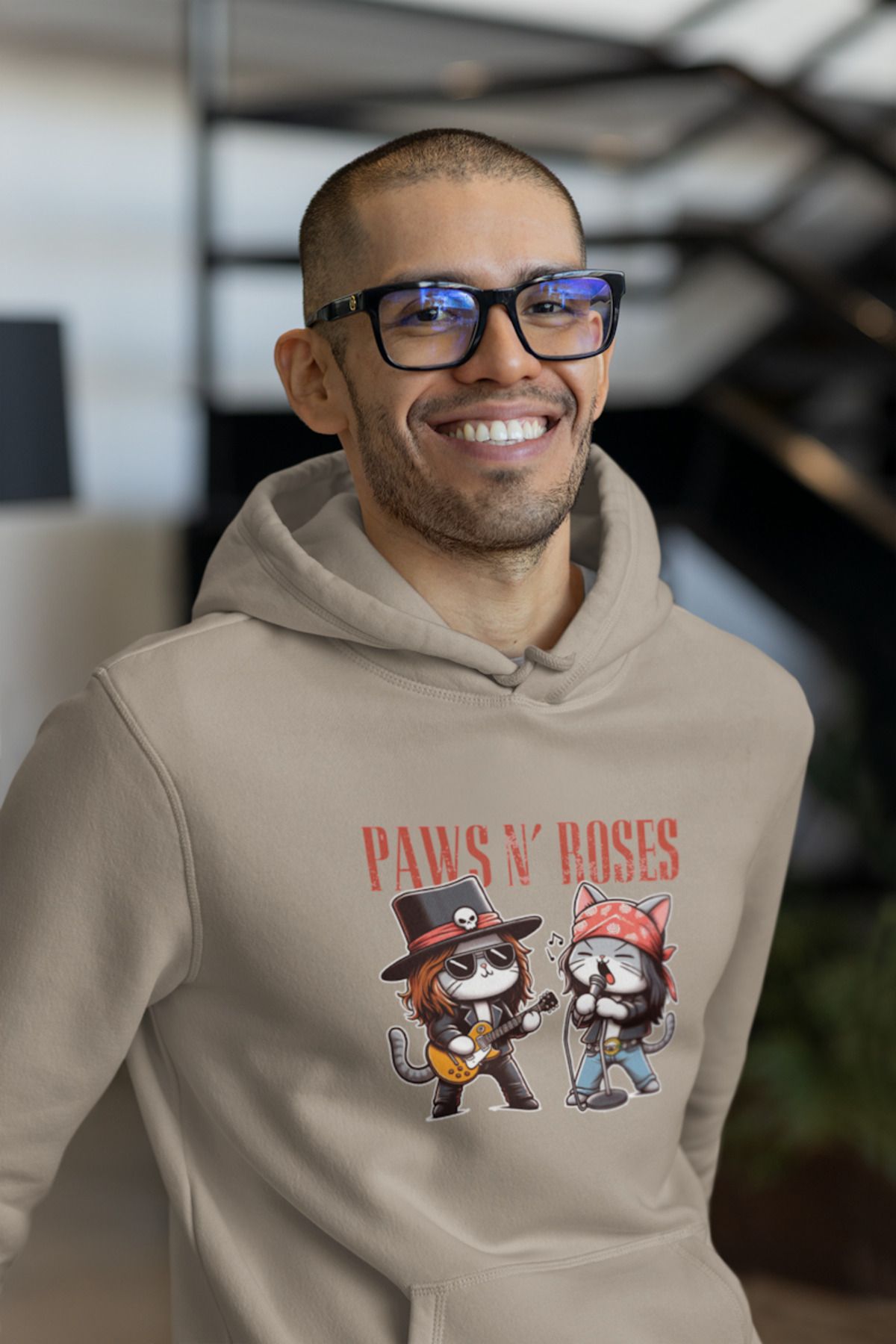 Tshirto PAWN'S ROSES Baskılı 3 İplik Şardonlu Lacivert/Bej/Siyah Kapüşonlu Sweatshirt Hoodie