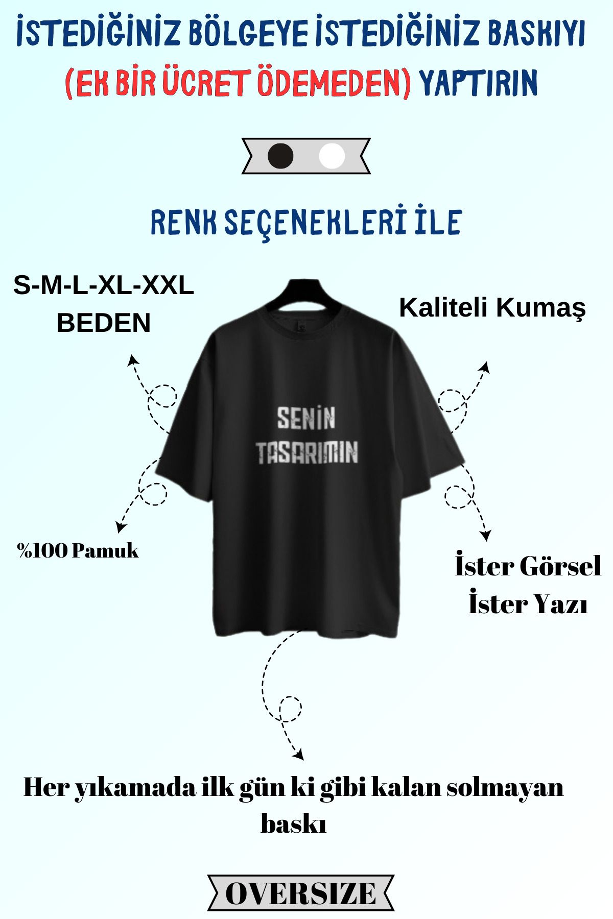 Tshirto Kişiye Özel Baskı (Kendin Tasarla) Baskılı %100 Pamuk Bisiklet Yaka Oversize T-shirt