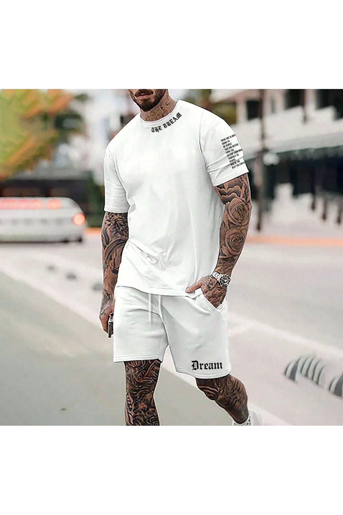 AMOR FACE BÜYÜK BEDEN ÖZEL TASARIM TRİBAL DREAM MOTTO BASKILI MODERN ERKEK BATTAL T-SHIRT ŞORT TAKIM