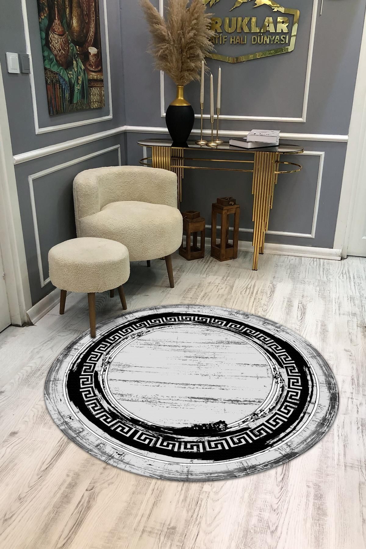 Doruklar Home Collection Kaymaz Taban Yıkanabilir Dijital Baskı Dekoratif Modern Desenli Yuvarlak Dot Taban Halı