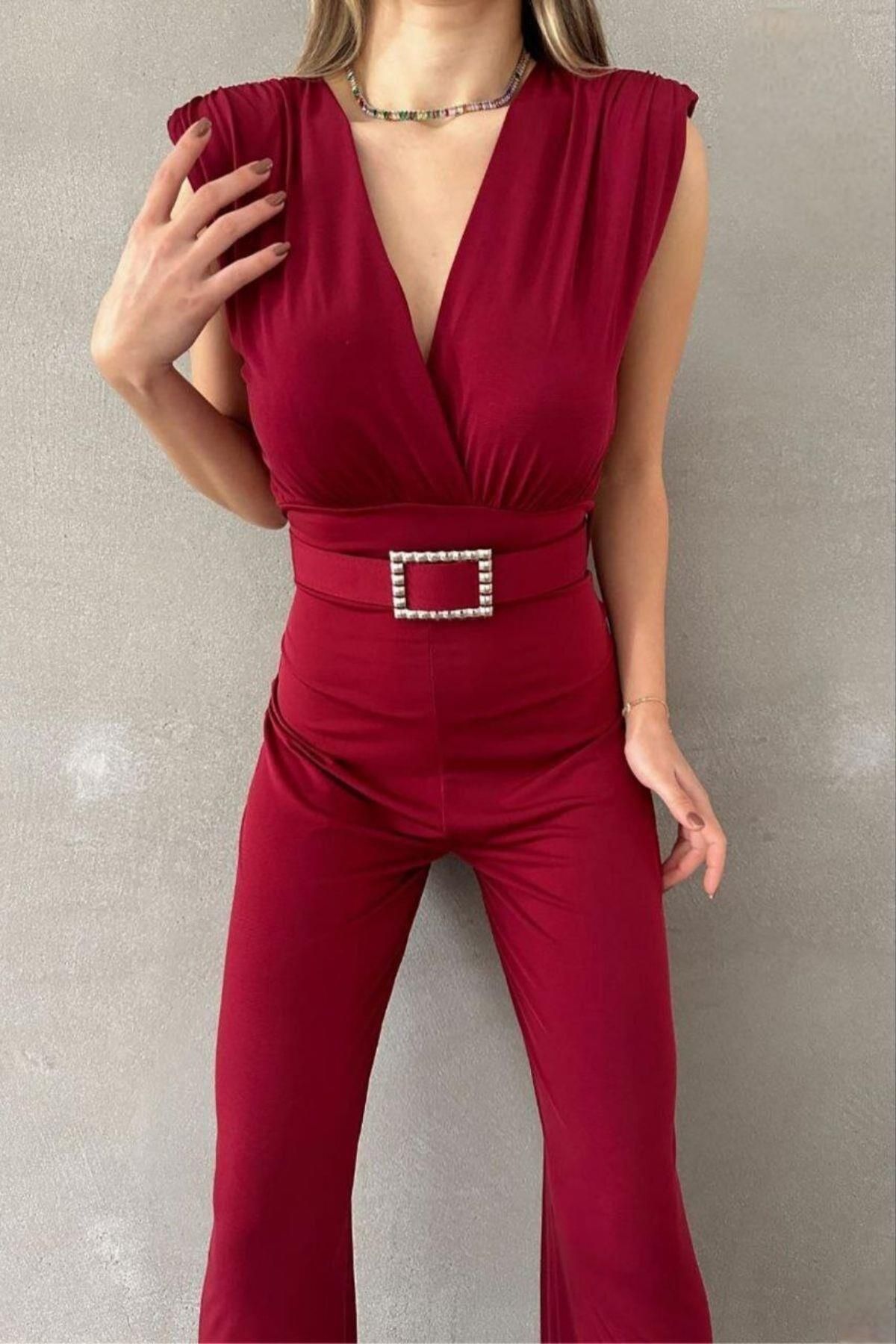 Mossta-Burgundy Spanish Leg Jumpsuit - Double Breasted Neck and Belt 2