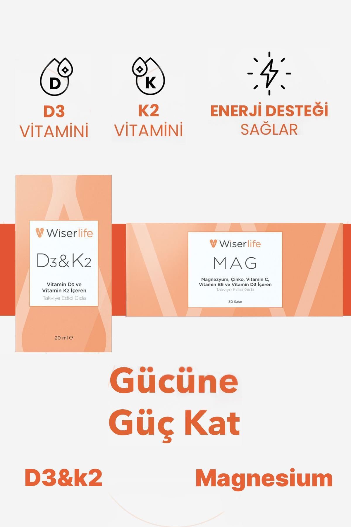 Wiserlife Mag Magnezyum Vitamin D3 İçeren Takviye 30 Saşe + Wiserlife D3&K2 Vitamin D3 ve Vitamin K2