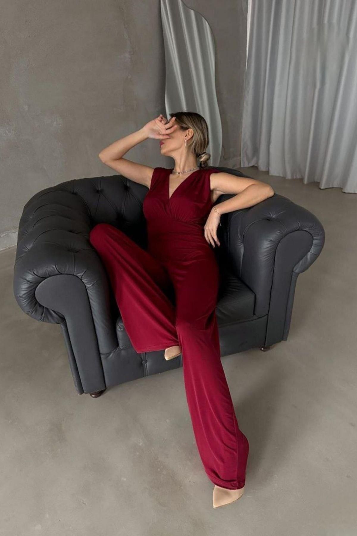 Mossta-Burgundy Spanish Leg Jumpsuit - Double Breasted Neck and Belt 3