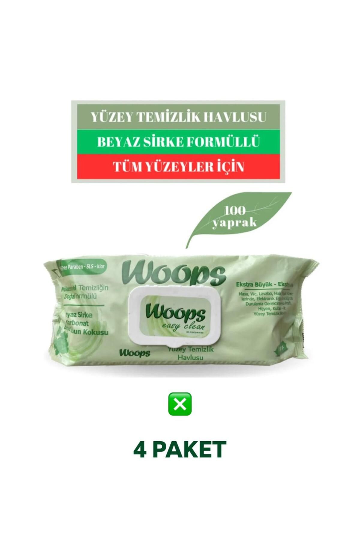 Woops Easy Clean Yüzey Temizlik Havlusu Beyaz Sirke İz Bırakmayan Formül 100 Yaprak * 4 Paket