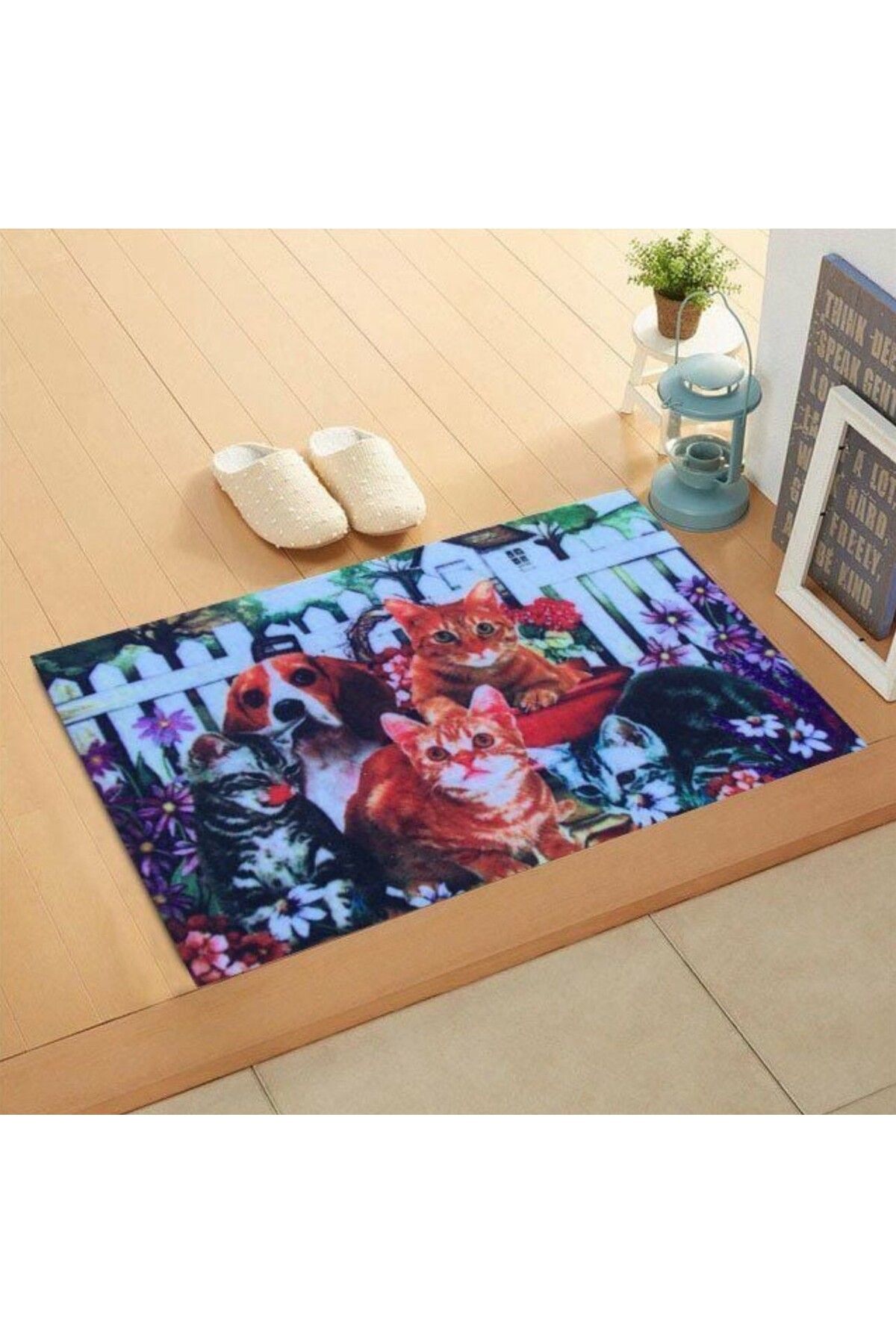 esdekor Home Trendy Kapı Paspas 45x75cm Bahçede Kediler Köpekler 1 Adet