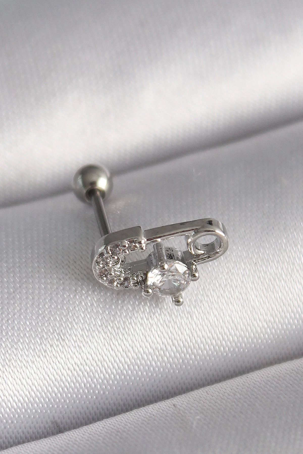 Ekince 316L Çelik Gümüş Renk Zirkon Taşlı Toplu İğne Tragus Piercing