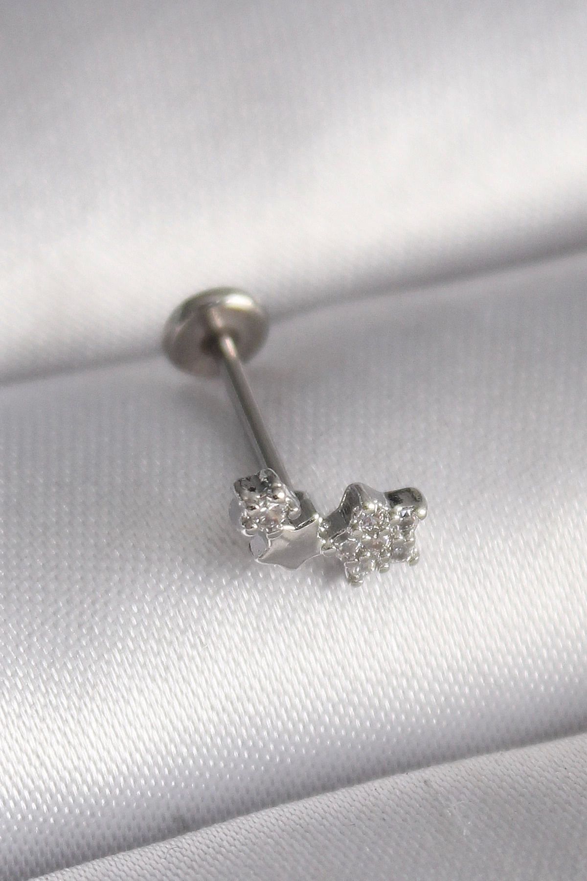 Ekince 316L Çelik Gümüş Renk Zirkon Taşlı Yıldız Model Tragus Piercing