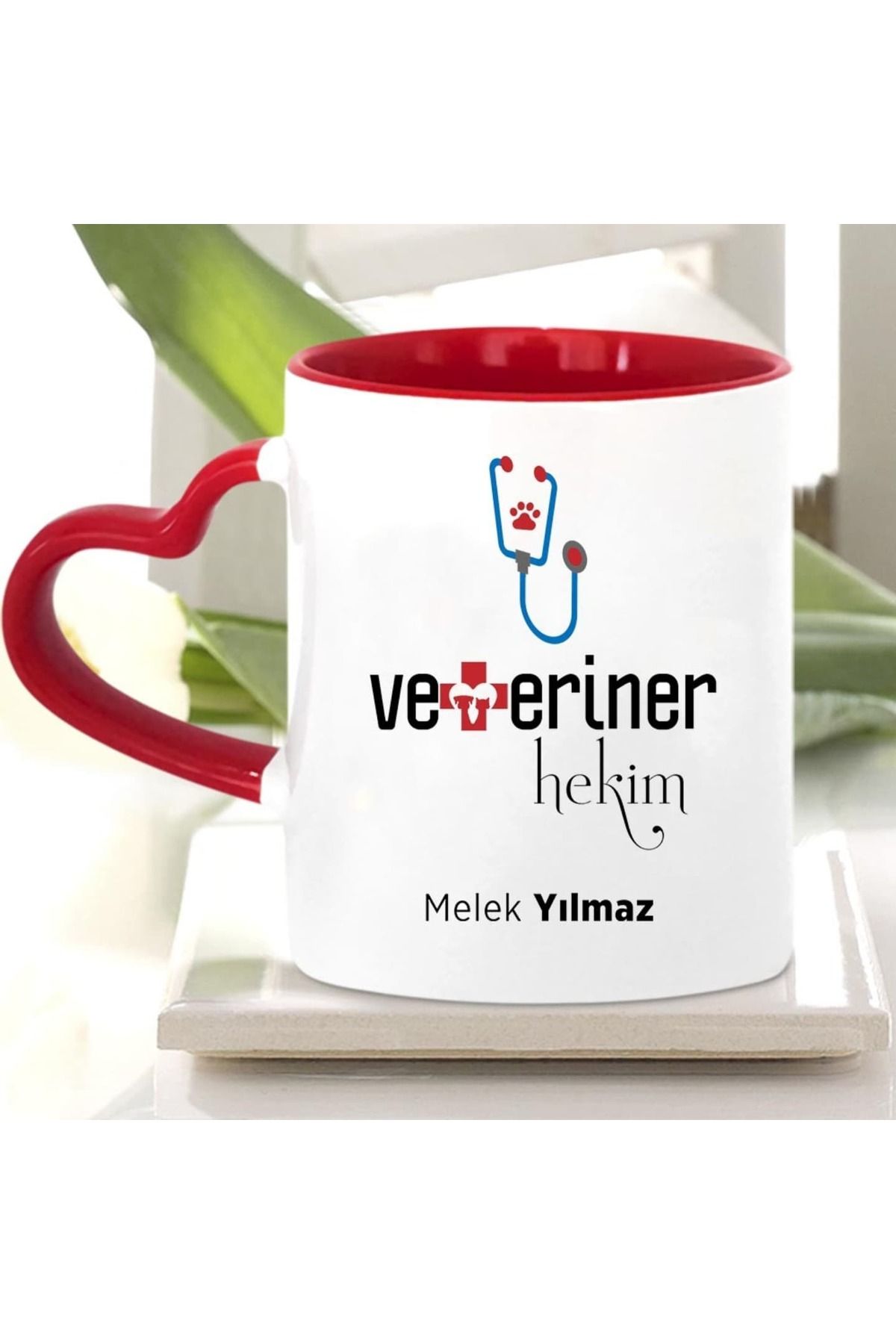 Home Kişiye Özel Tasarım Veteriner Hekimi Özel İçi Kırmızı Kulpu Porselen Kalp Kupa Bardak