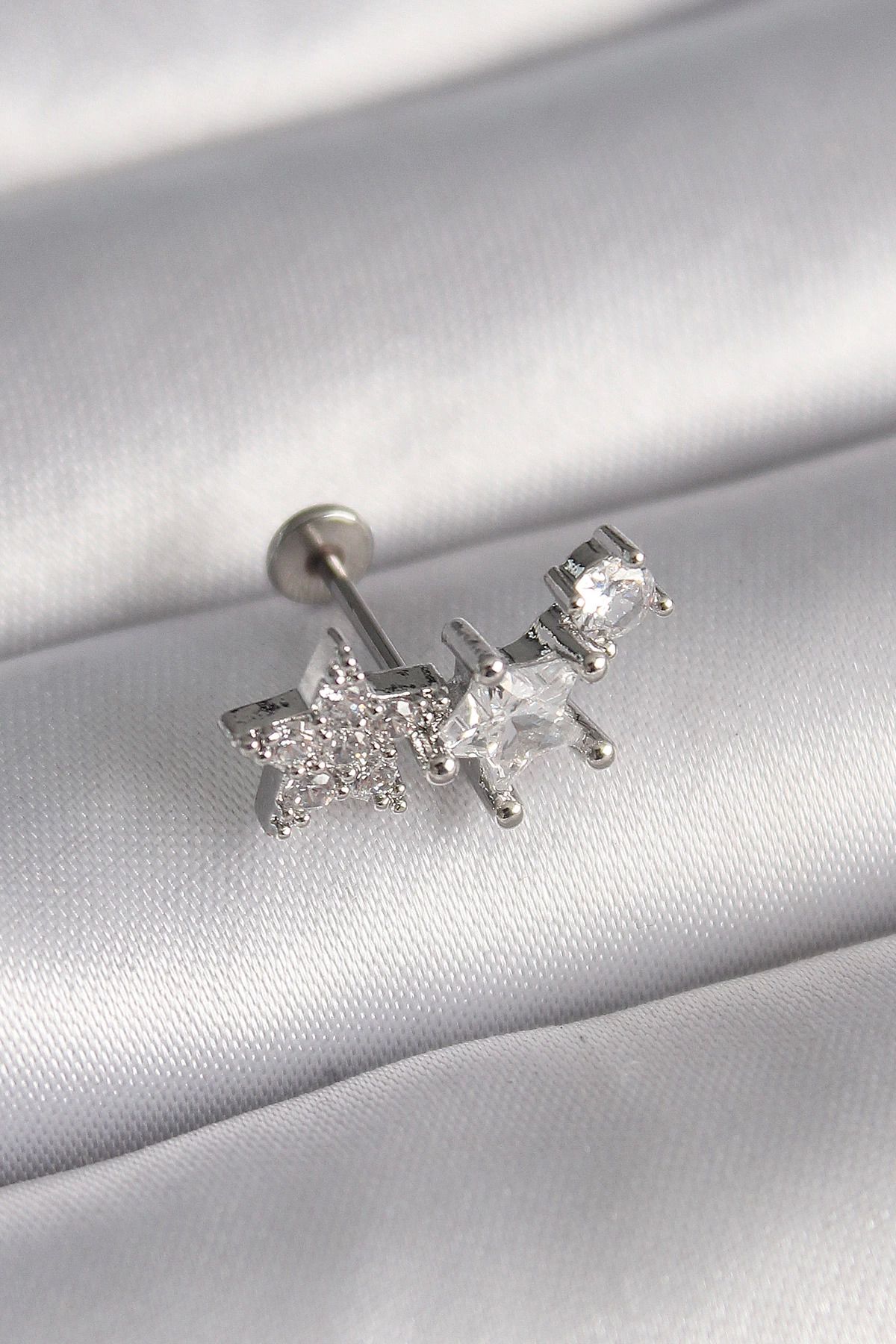 Ekince 316L Çelik Gümüş Renk Zirkon Taşlı Yıldız Model Tragus Piercing
