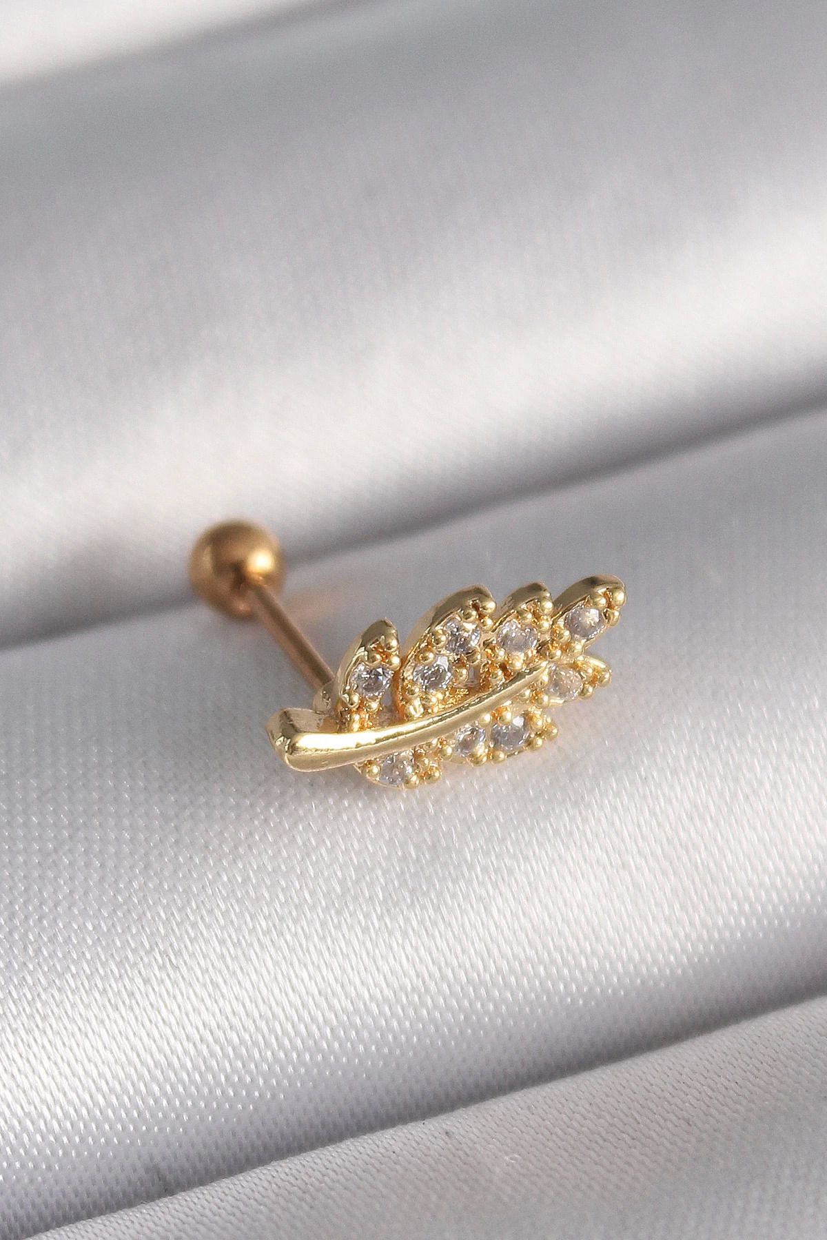 Ekince 316L Çelik Gold Renk Zirkon Taşlı Dal Tragus Piercing