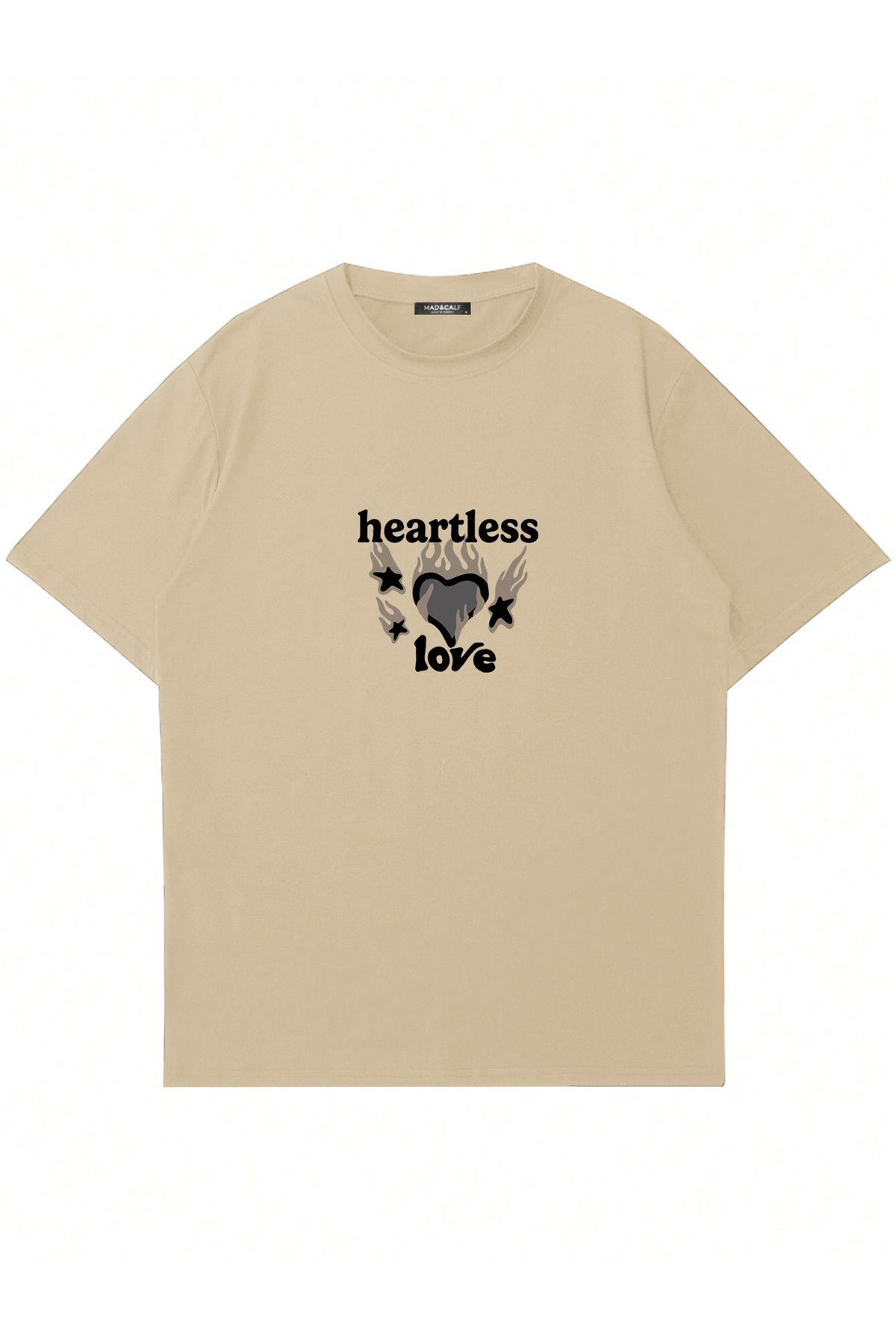 Mad&Calf Kadın Heartless Love Baskılı Bisiklet Yaka Oversize Tshirt