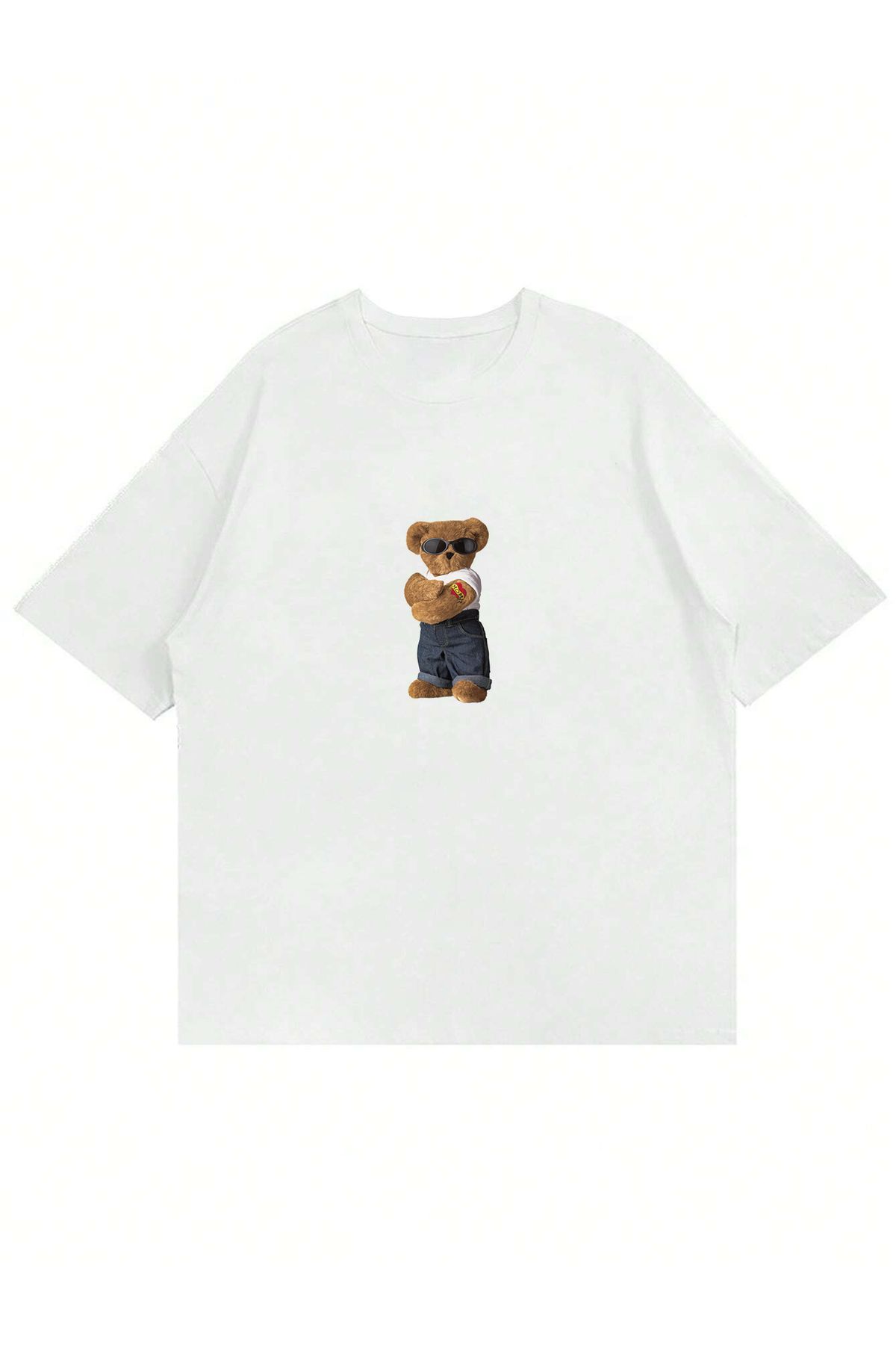 Mad&Calf Unisex Teddy Bear Baskılı Bisiklet Yaka Oversize Tshirt