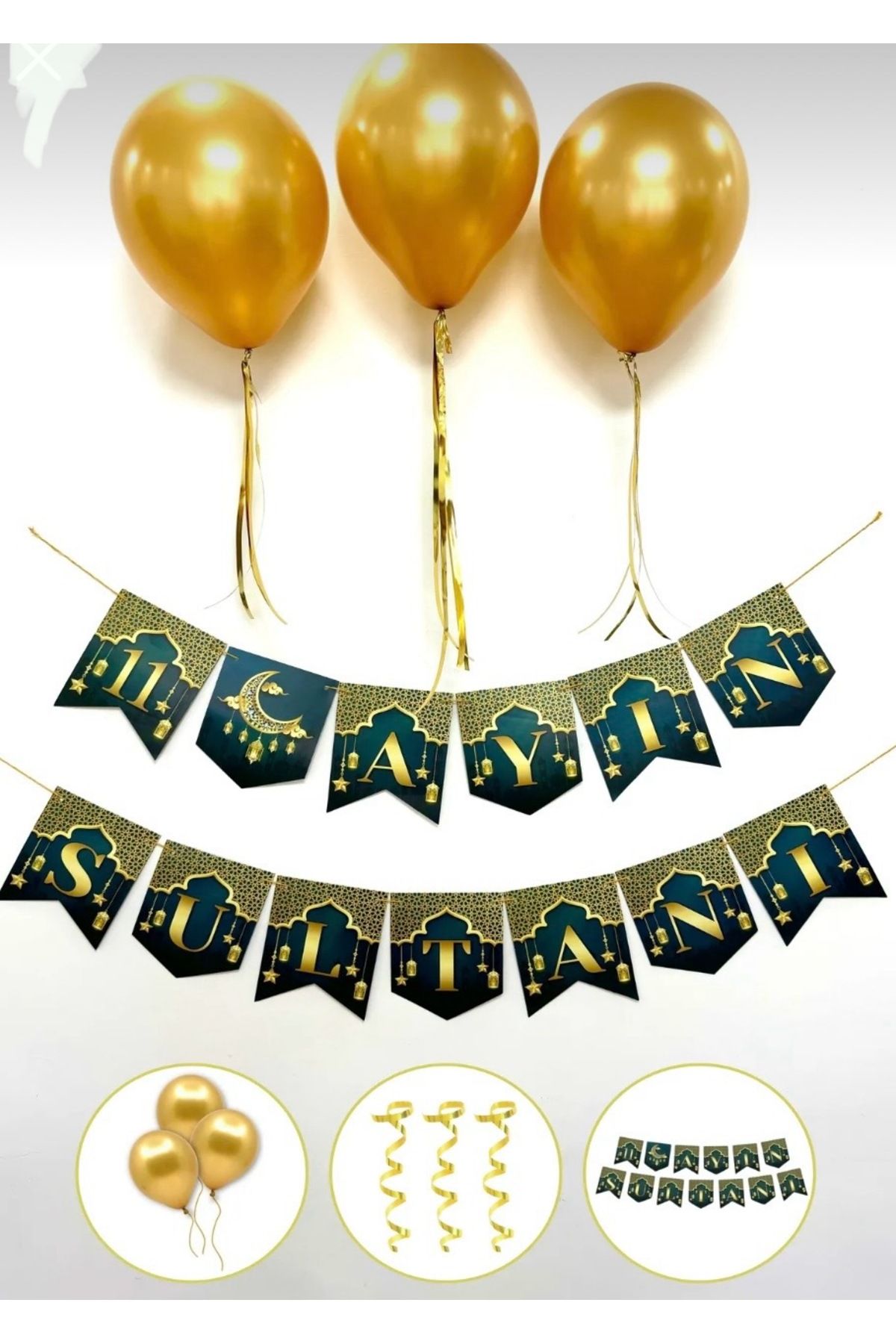 Deniz Party Store 11 Ayın Sultanı Zigzag  Yazı  3 Gold Metalik Balon Gold Balon İpi ramazan oda süsleme