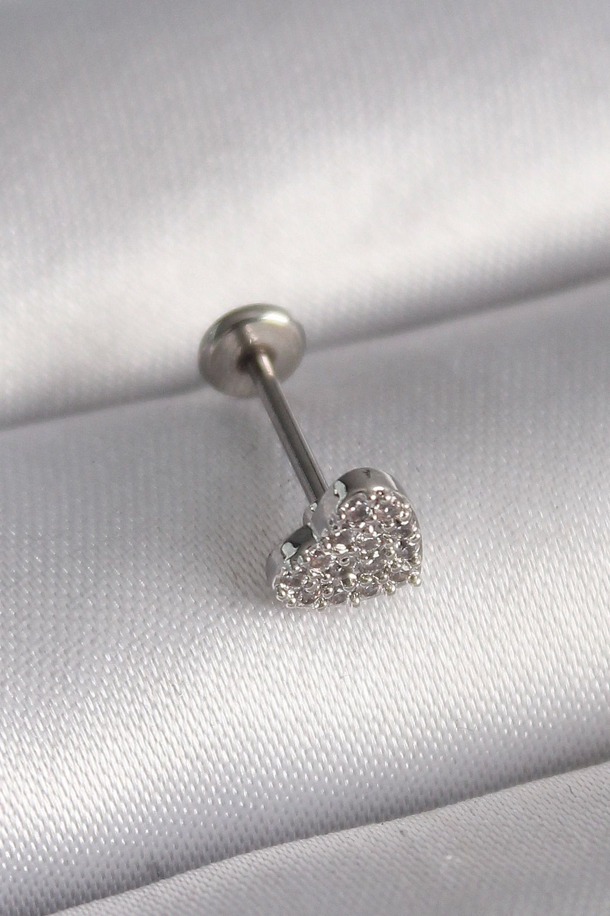 Ekince 316L Çelik Gümüş Renk Zirkon Taşlı Kalp Model Tragus Piercing