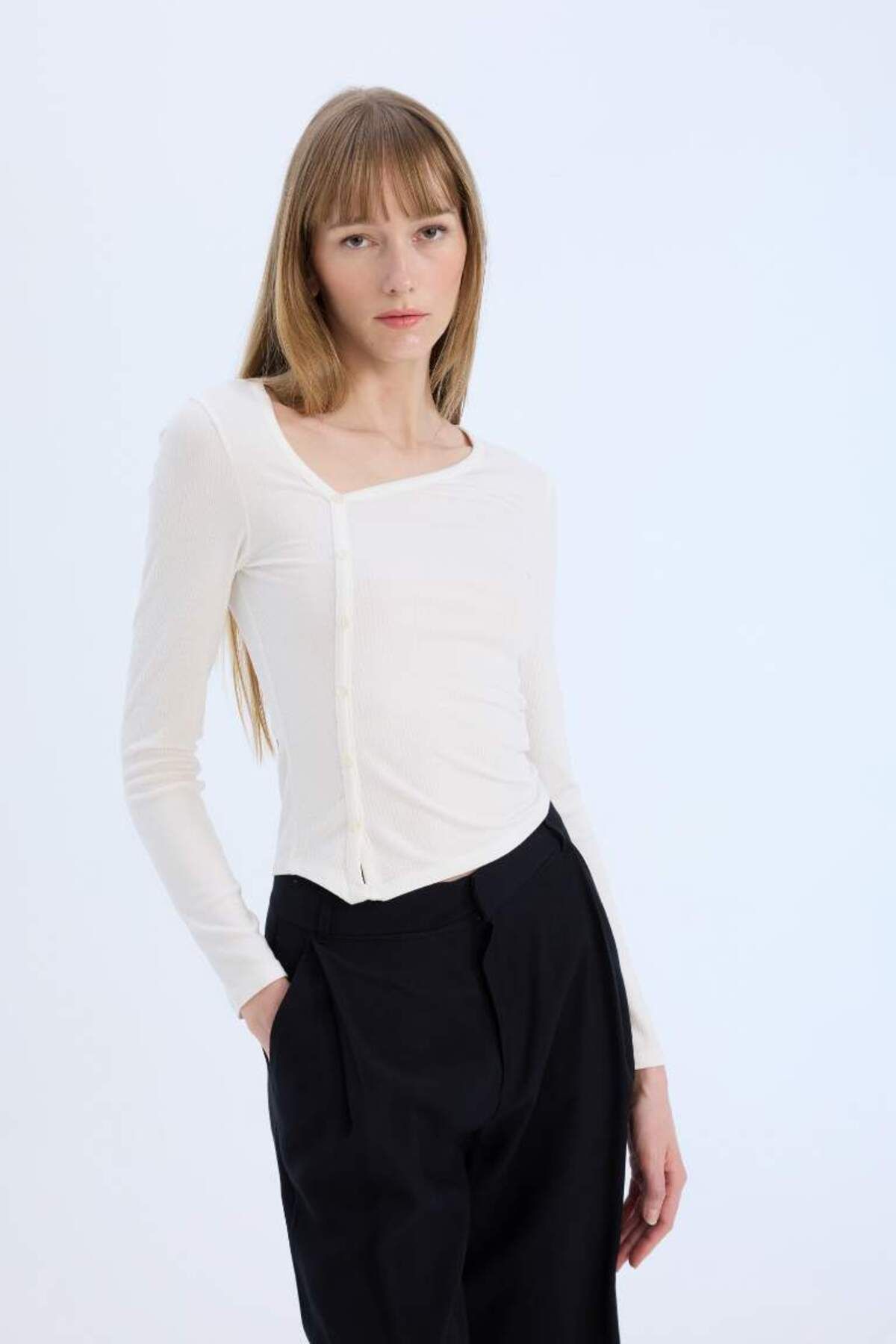 DeFacto-Slim Fit přiléhavá žebrovaná halenka s dlouhým rukávem E5404ax 4