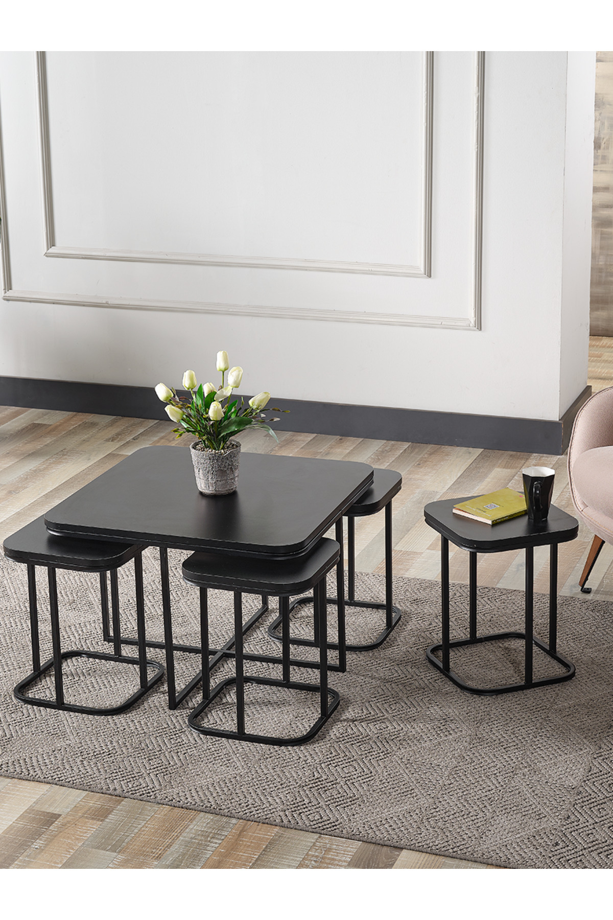 5 Li Sehpa (KURULUM GEREKTİRMEZ) 4 1 Siyah Ahşap Siyah Metal Ayak Takım Sehpa Orta Sehpa Bohem