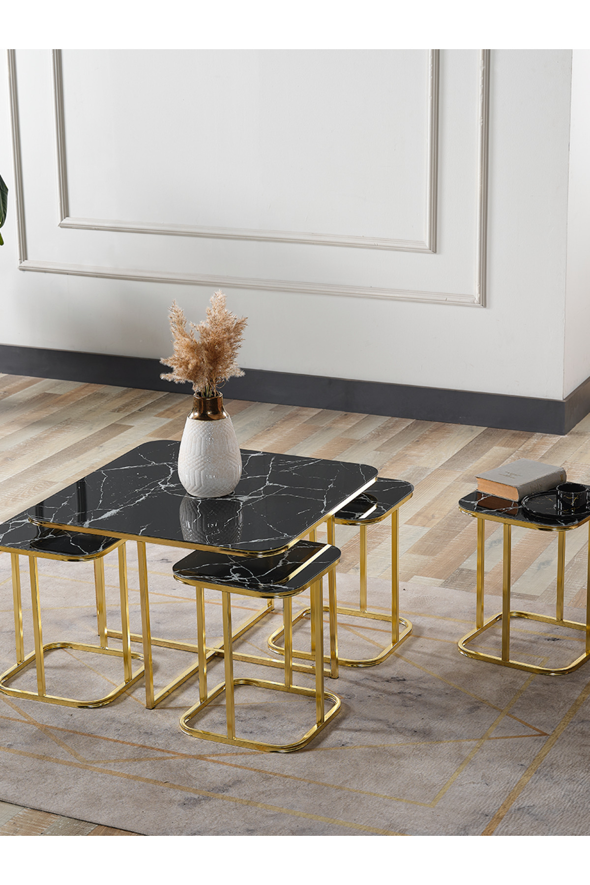 5 Li Iç Içe 4 1 Siyah Mermer Temperli Cam Gold Metal Ayak Takım Sehpa Orta Sehpa Bohem
