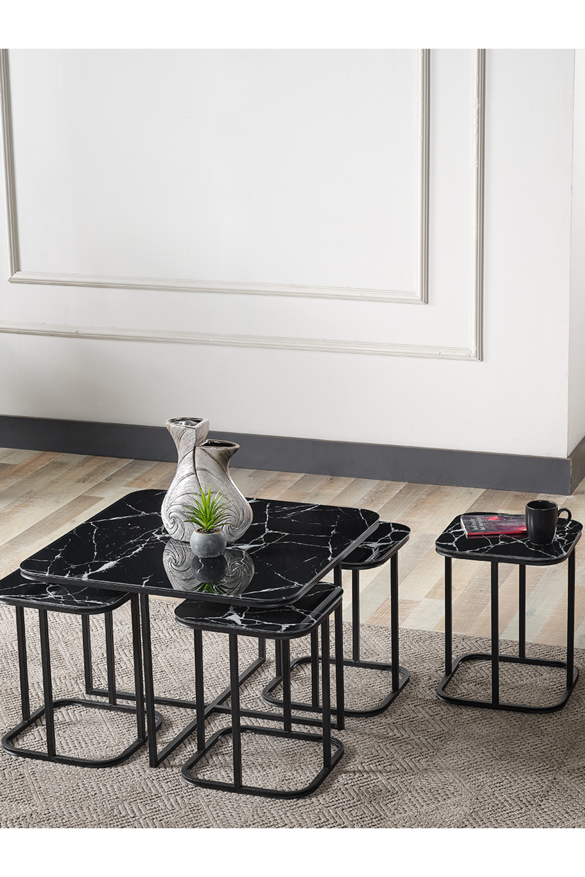 5 Li Iç Içe 4 1 Siyah Mermer Temperli Cam Siyah Metal Ayak Takım Sehpa Orta Sehpa