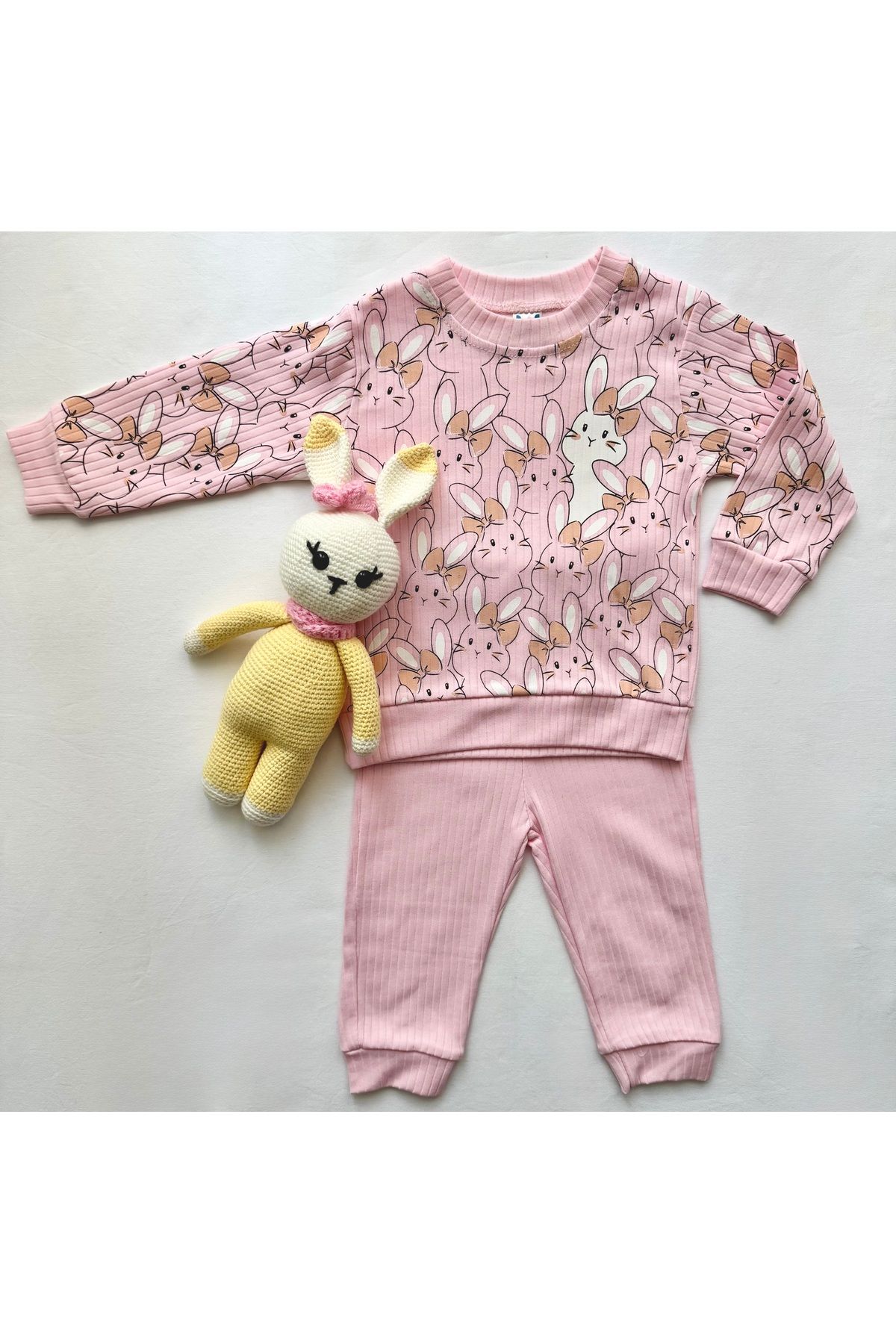 Babes Pamuklu Uzun Kollu Tavşan Baskılı Kız Bebek Pembe Alt Üst - Pijama Takımı ( 6-18 ay )