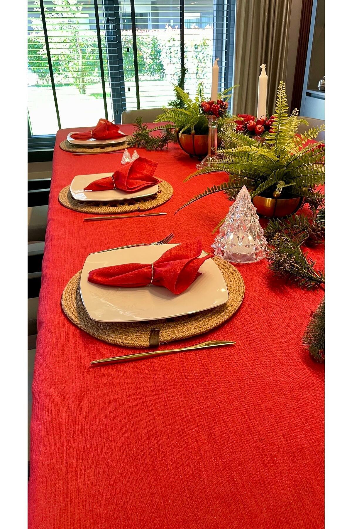 Decamor home Linen Textured Glitter Red Tablecloth Christmas Table