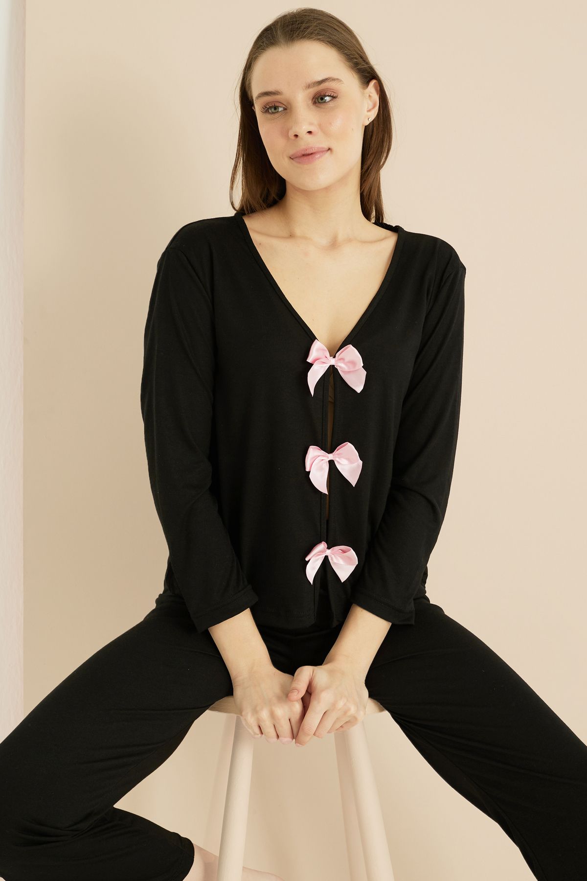 Siyah İnci-Black Ribbon Detail Viscose Woven Pajamas Set 7814 1