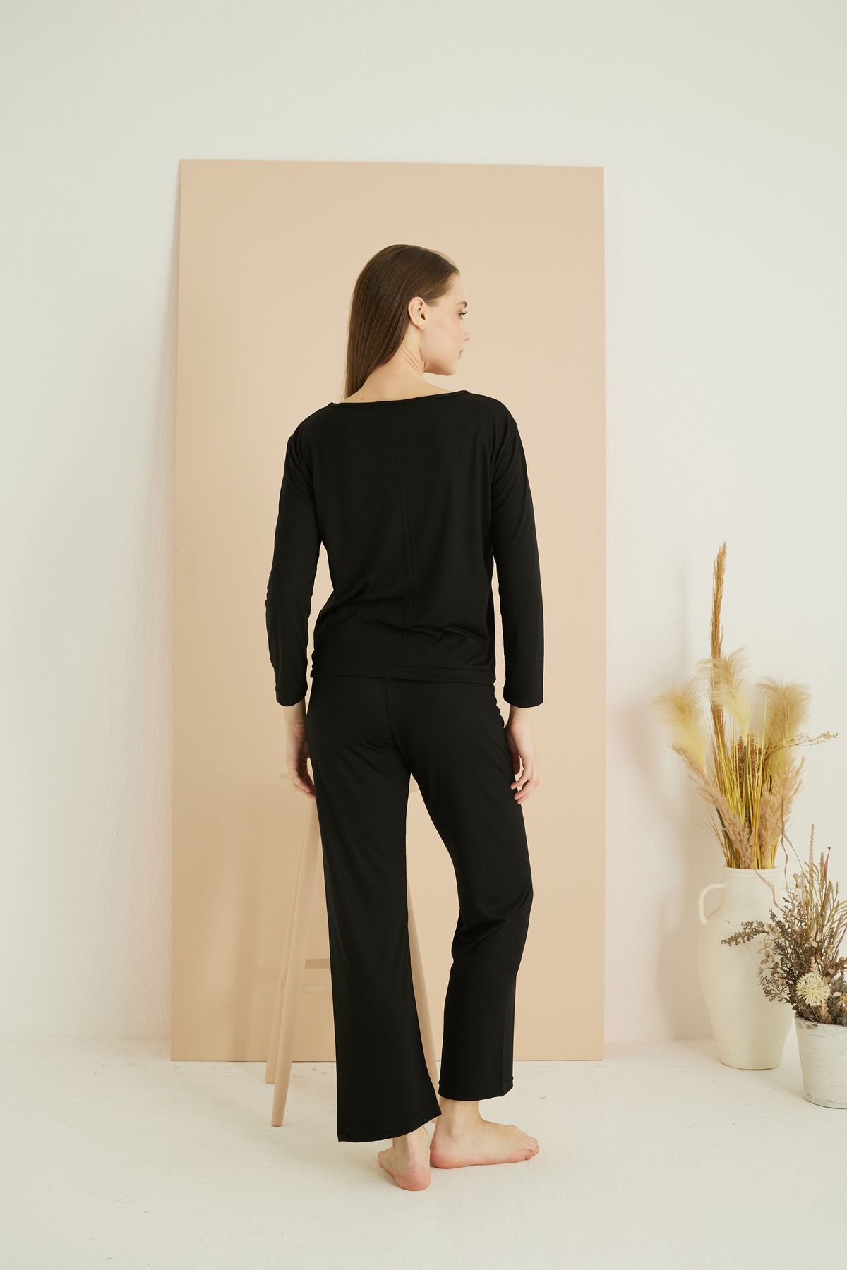 Siyah İnci-Black Ribbon Detail Viscose Woven Pajamas Set 7814 3