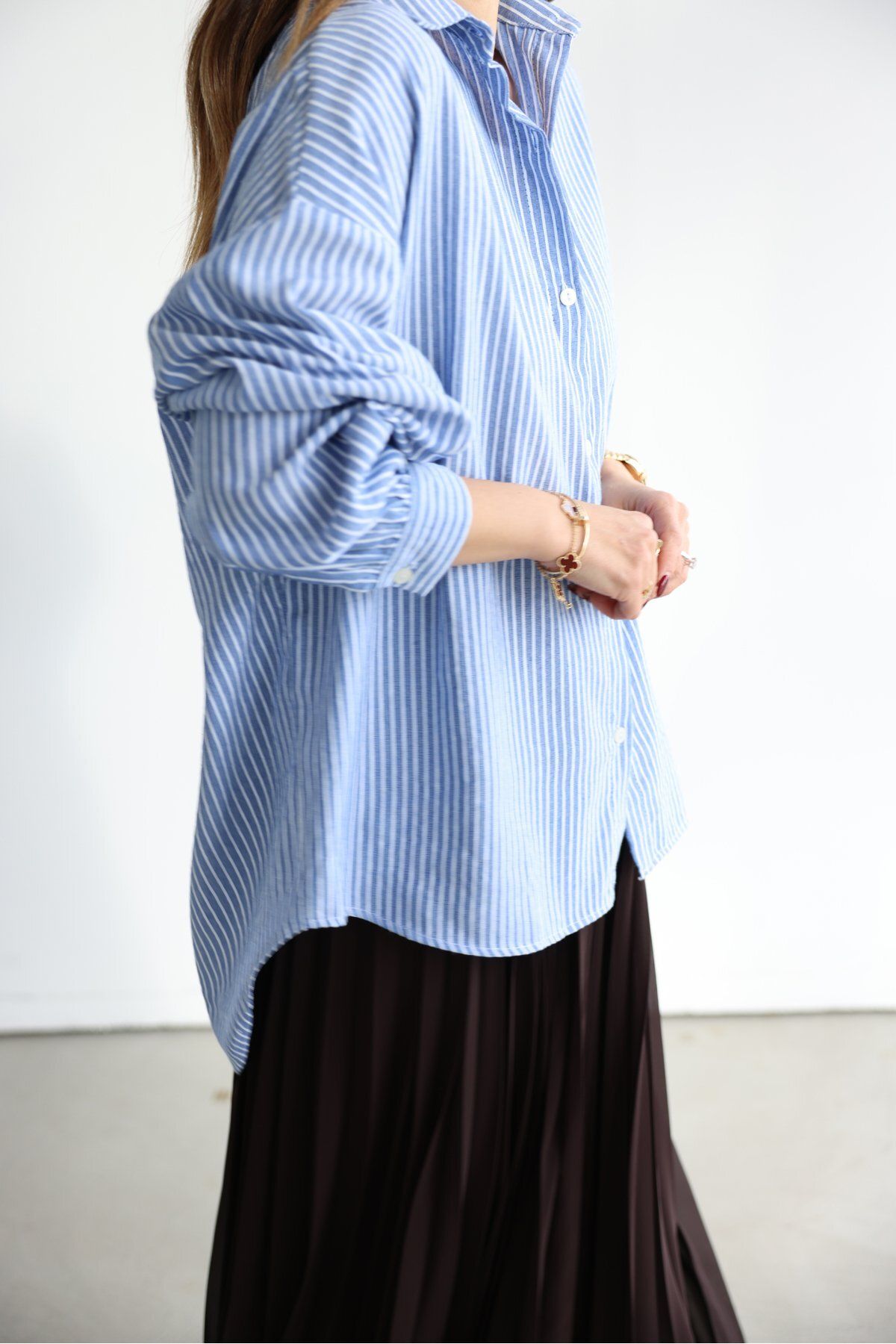 Lusin-Women's Premium Quality Striped Oversize Balloon Sleeve Shirt - Blue 7